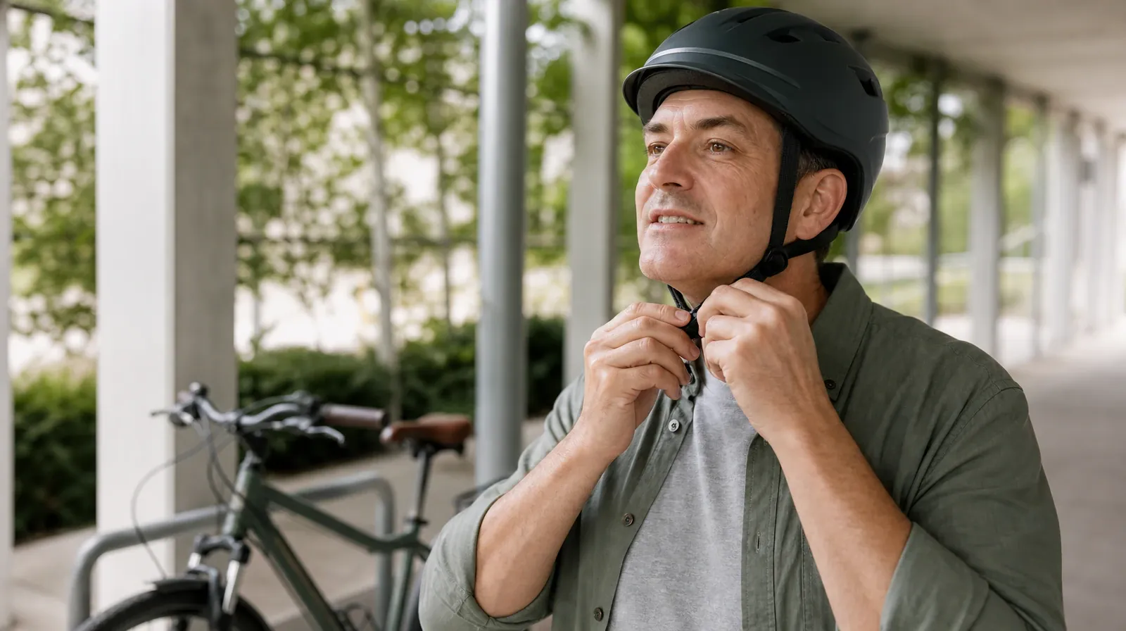 An adult fastens a bicycle helmet beside a parked bicycle · Drug and Alcohol Detox for No Name Key, FL Residents