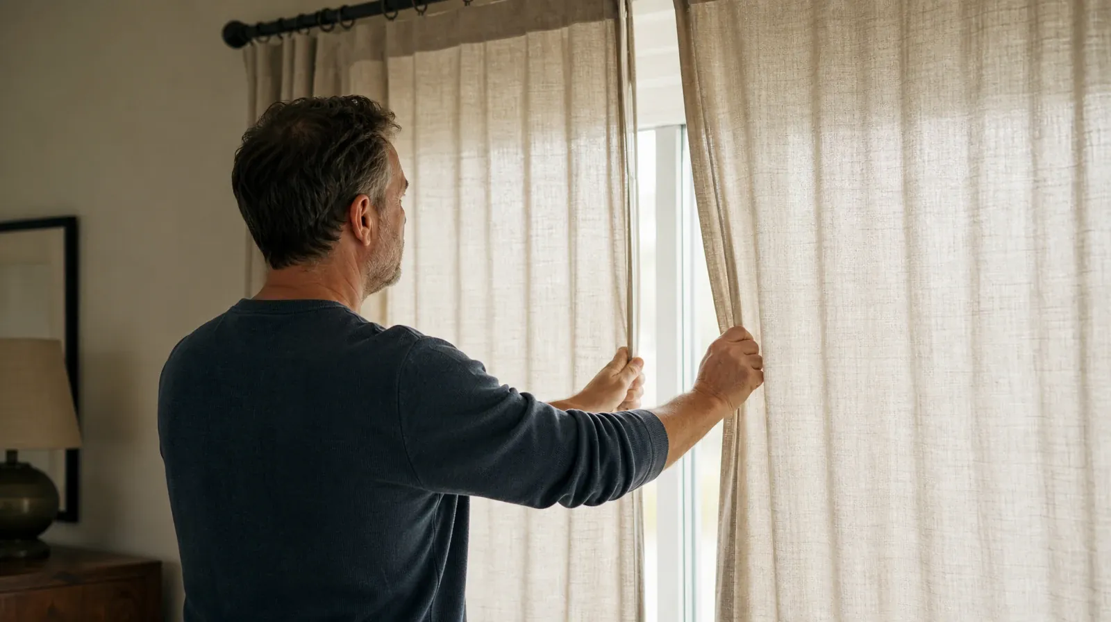 An adult draws plain linen curtains together across a home… · Planning Time Away for Treatment for No Name Key, FL Residents