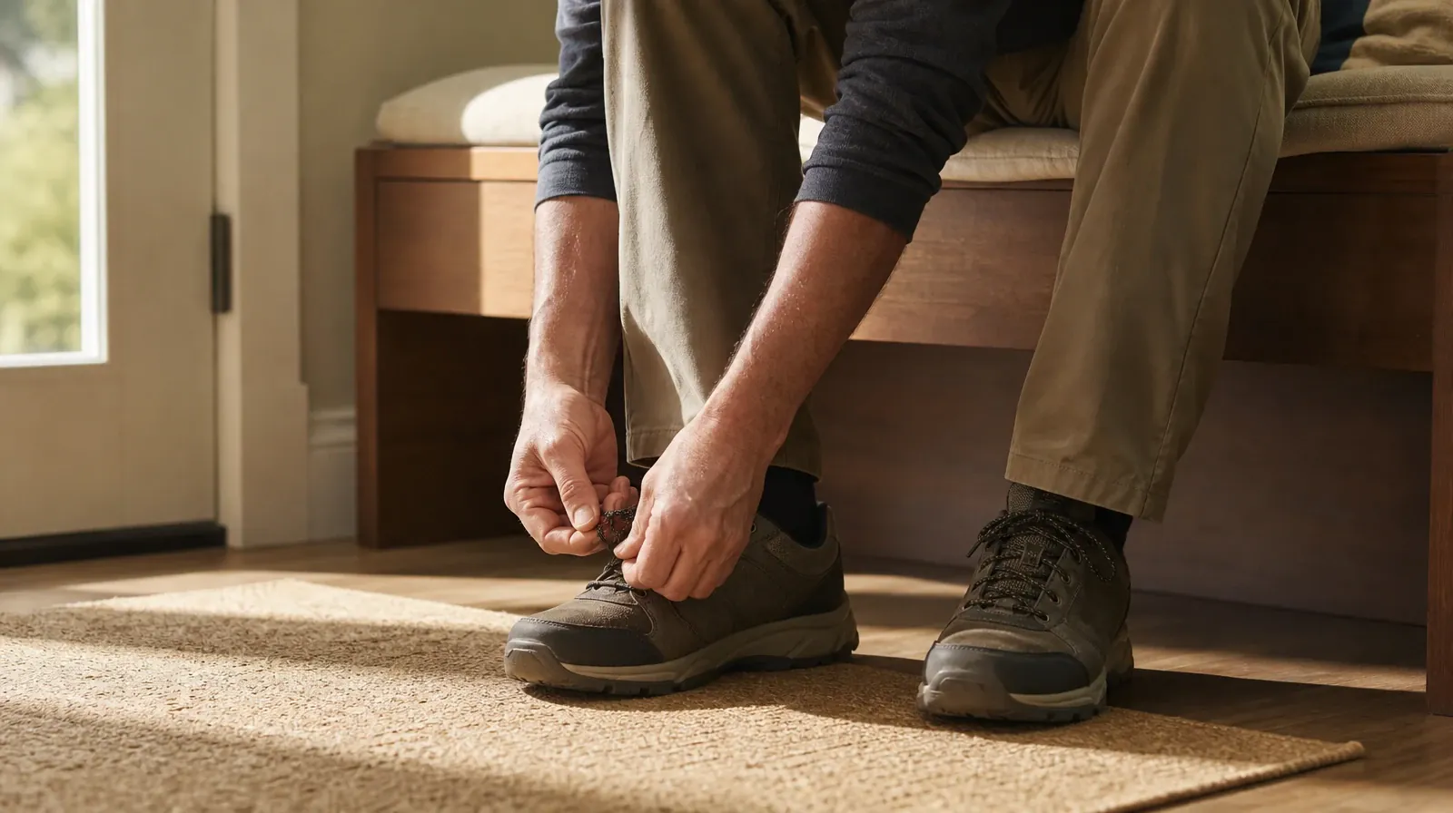 Returning Home After Treatment for No Name Key, FL Residents | An adult seated on a low bench ties the laces of a walking… An adult seated on a low bench ties the laces of a walking… · Returning Home After Treatment for No Name Key, FL Residents