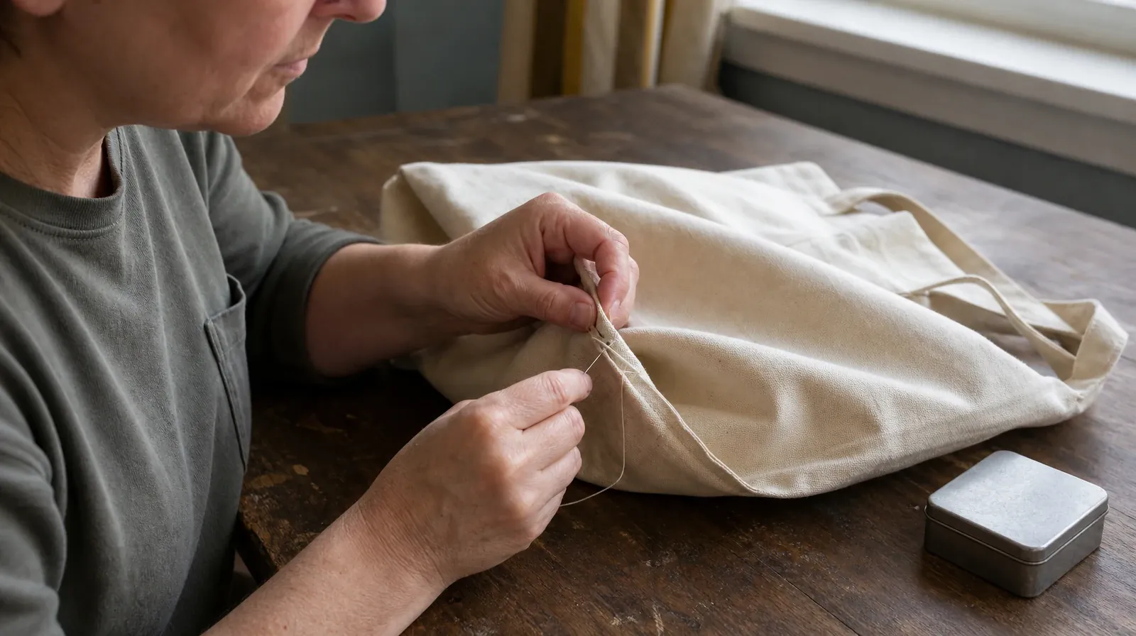 Supporting an Adult Loved One for No Name Key, FL Residents | An adult hand-sews a loose seam on a plain canvas tote at a… An adult hand-sews a loose seam on a plain canvas tote at a… · Supporting an Adult Loved One for No Name Key, FL Residents