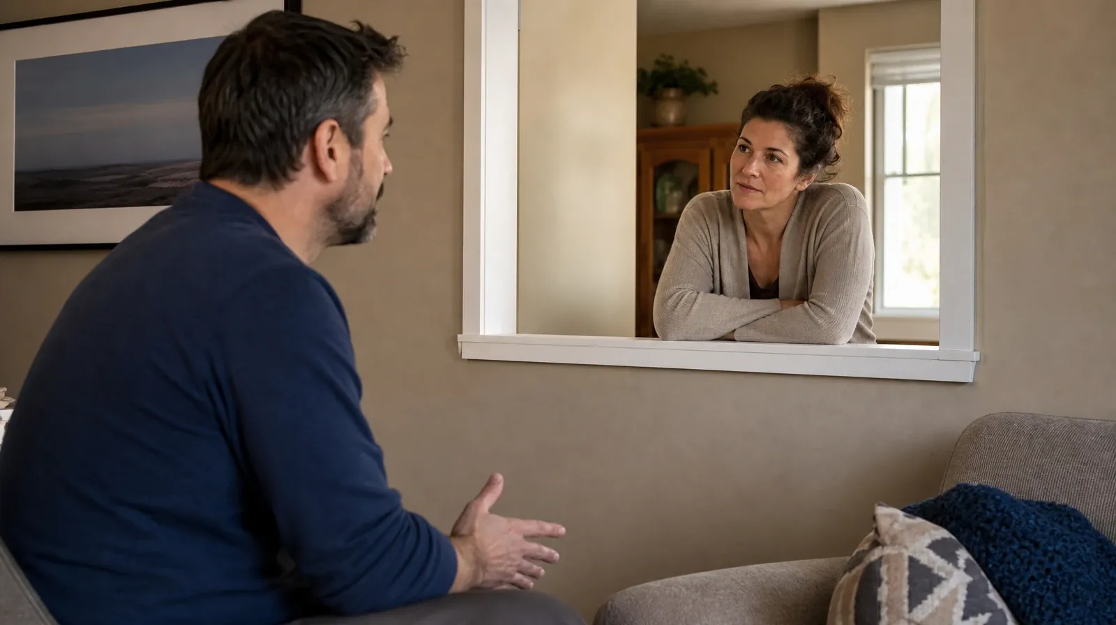 Residential Addiction Treatment for North Miami, FL | Two adults have an attentive conversation through a plain open home… Two adults have an attentive conversation through a plain open home… · Residential Addiction Treatment for North Miami, FL
