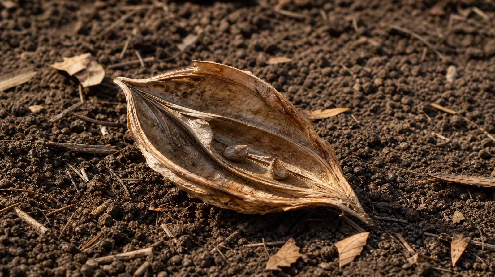 Language and Accessibility Questions for North Miami, FL | An opened dry seedpod with a few seeds rests on uneven soil An opened dry seedpod with a few seeds rests on uneven soil · Language and Accessibility Questions for North Miami, FL