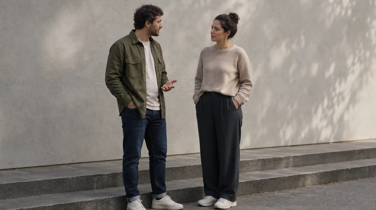 Two adults stand on the same broad outdoor step as one asks a… · Starting a Treatment Conversation for North Miami Beach, FL