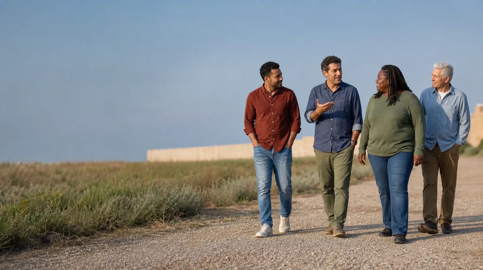 Four adults walk in an uneven row along a level path, with two… · Addiction Treatment for North Miami Beach, FL Residents