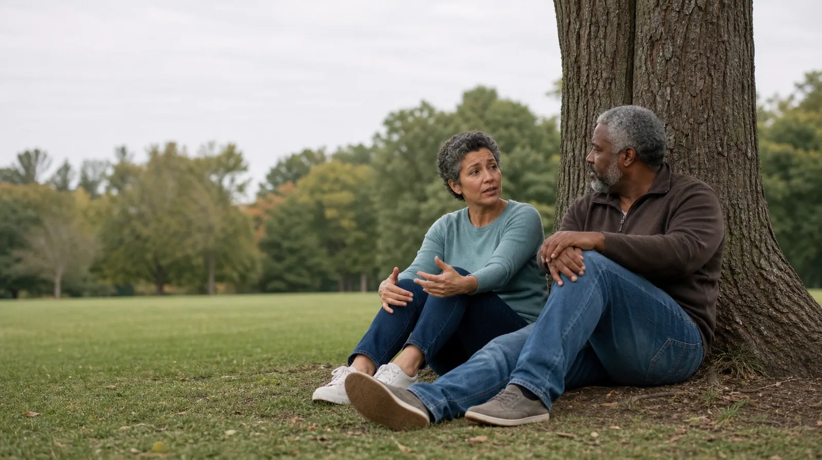 Two adults talk beneath a tree at a public green · Returning Home After Treatment for North Palm Beach, FL Residents