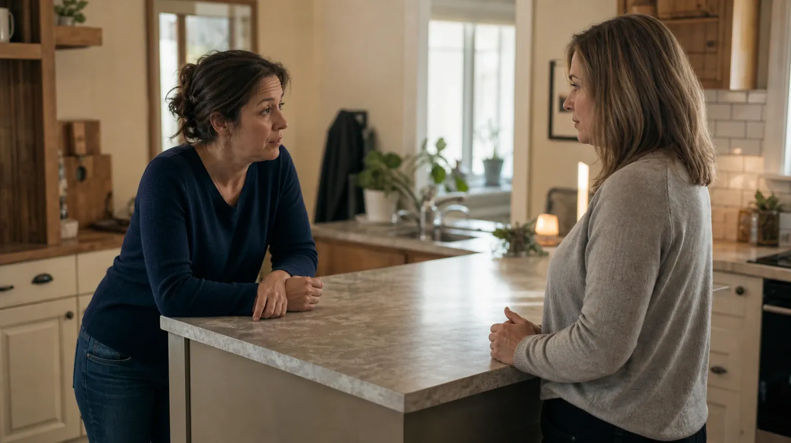 Two adults talk attentively from opposite sides of a kitchen island · Residential Addiction Treatment for Oakland Park, FL