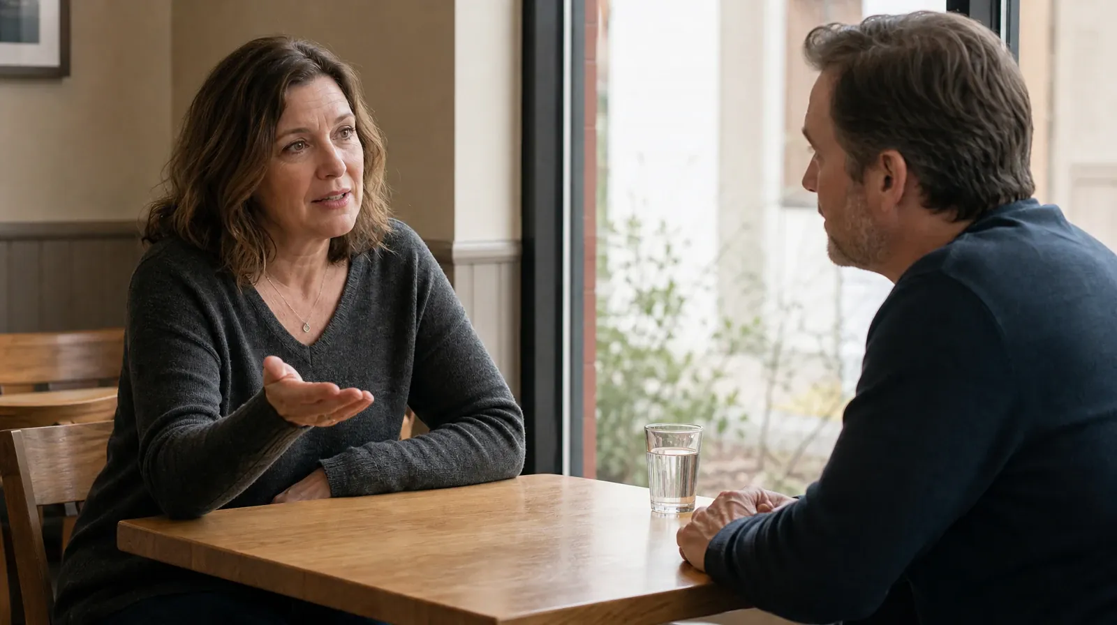 Treatment Cost Questions for Oakland Park, FL Residents | Two adults share an attentive conversation at a small plain cafe… Two adults share an attentive conversation at a small plain cafe… · Treatment Cost Questions for Oakland Park, FL Residents