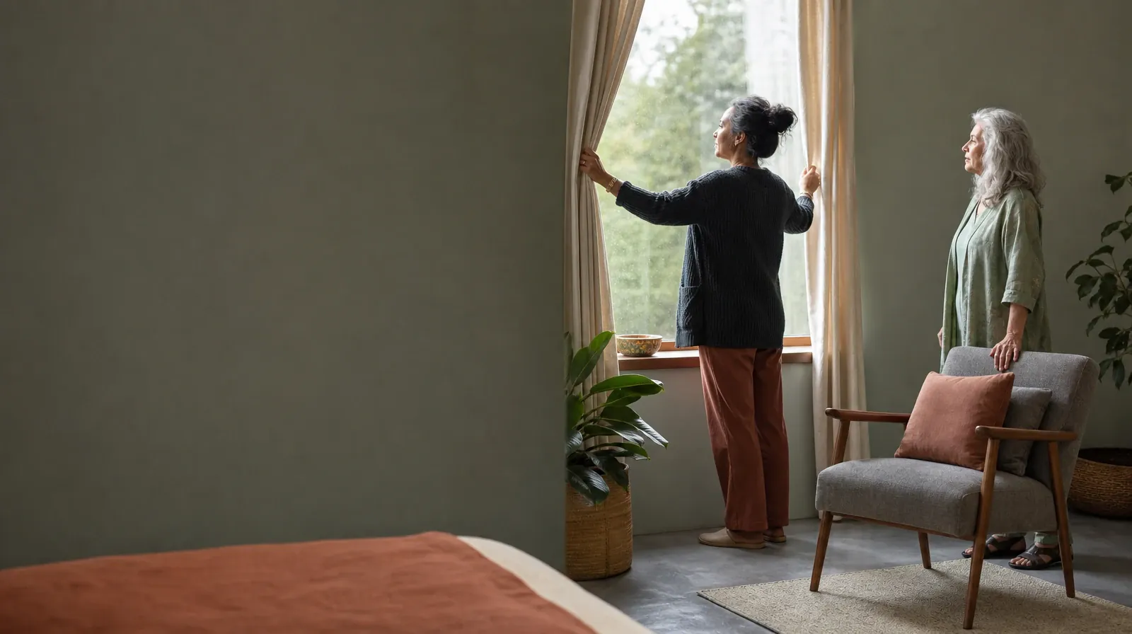 An adult opens curtains while another waits nearby · Methamphetamine Addiction Treatment for Oakland Park, FL
