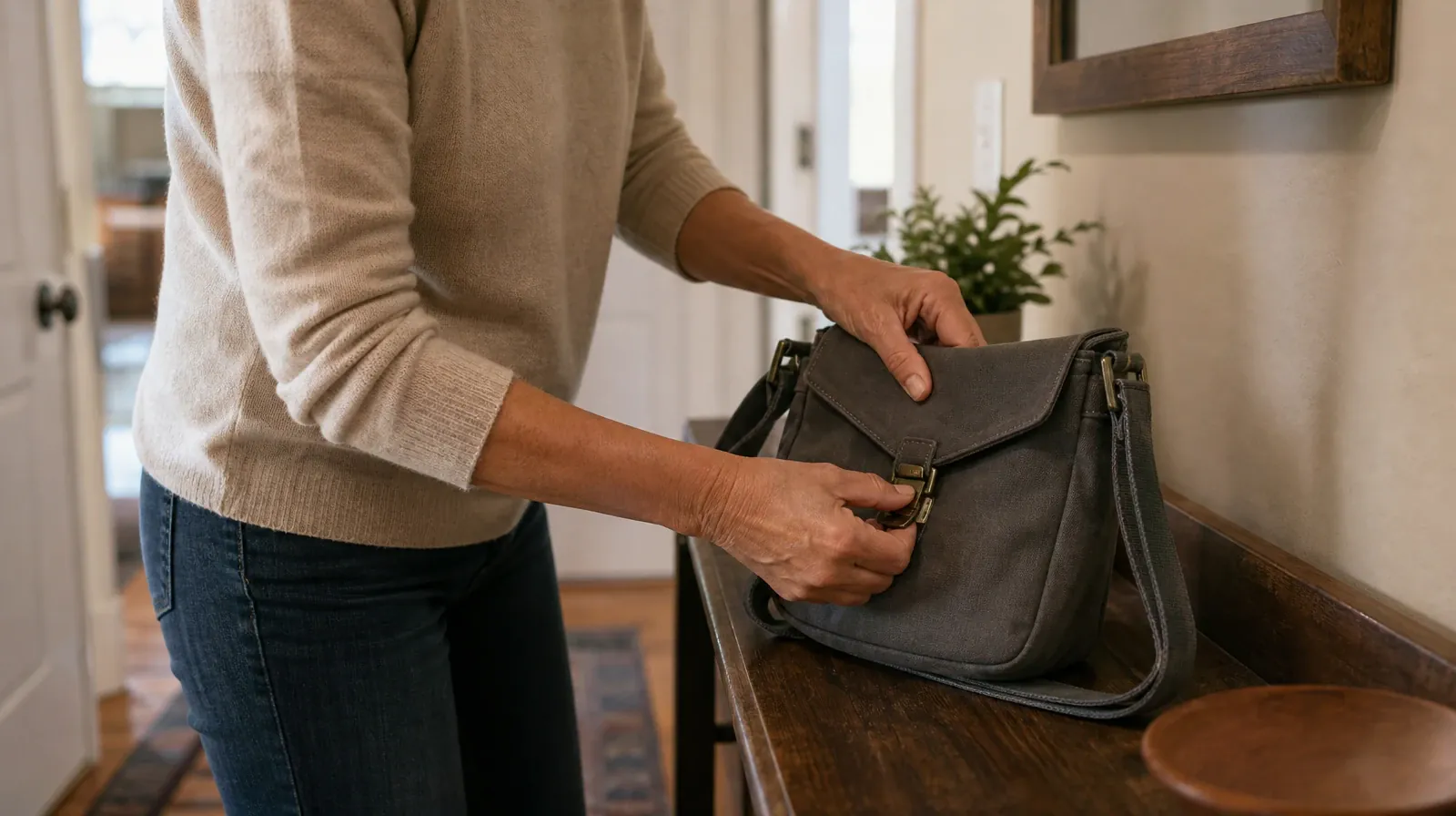 An adult fastens the clasp of a small shoulder bag on a low home shelf · Drug and Alcohol Detox for Opa-locka, FL Residents