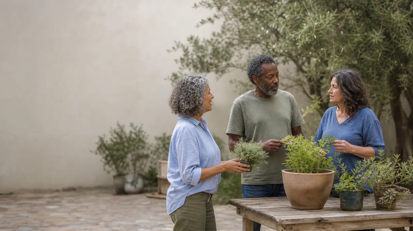 Planning Time Away for Treatment for Palm Beach Gardens, FL | Three adults pause while tending plants in a courtyard Three adults pause while tending plants in a courtyard · Planning Time Away for Treatment for Palm Beach Gardens, FL