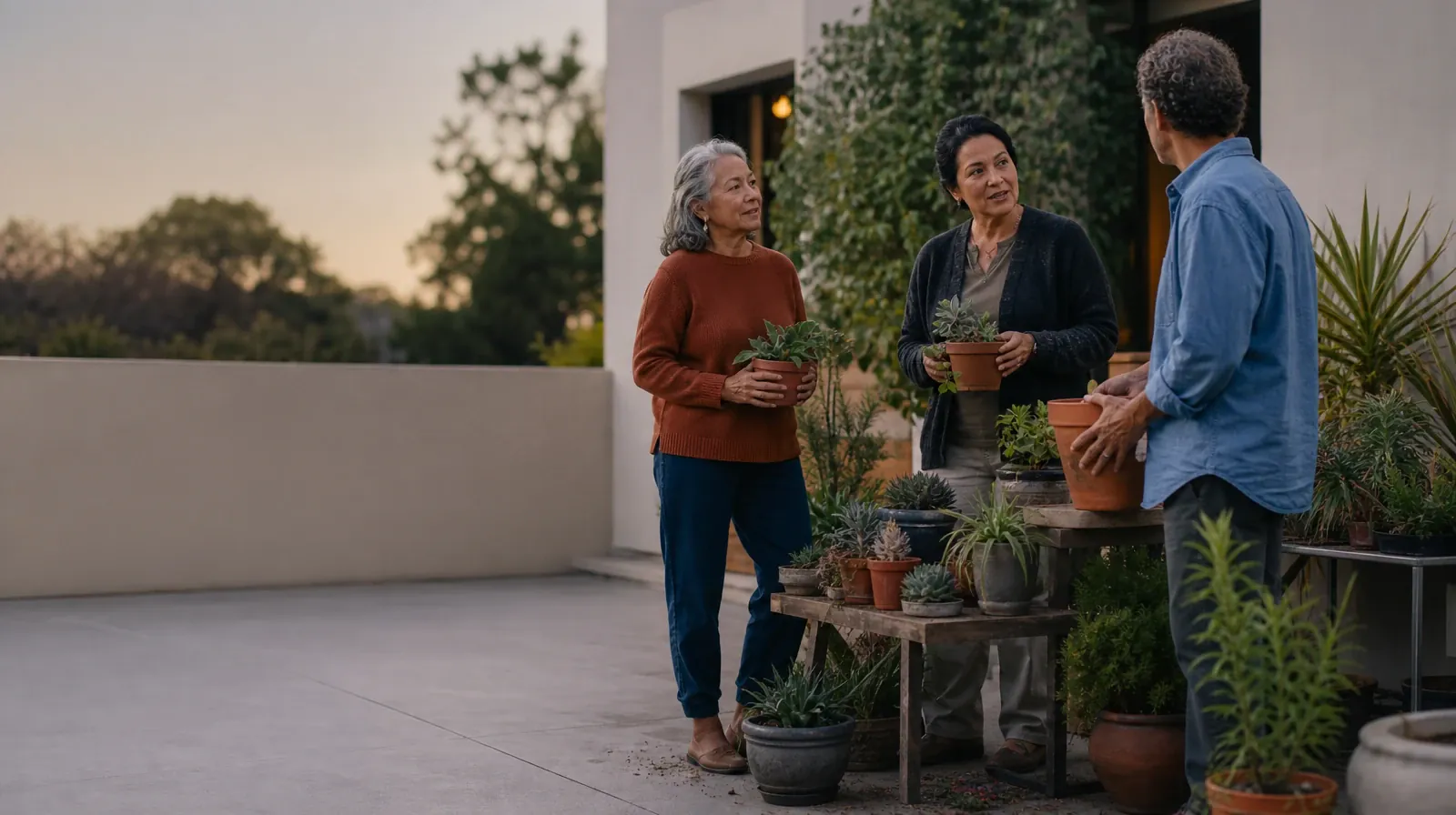 Three adults pause while tending plants in a courtyard · Starting a Treatment Conversation for Palm Beach Gardens, FL