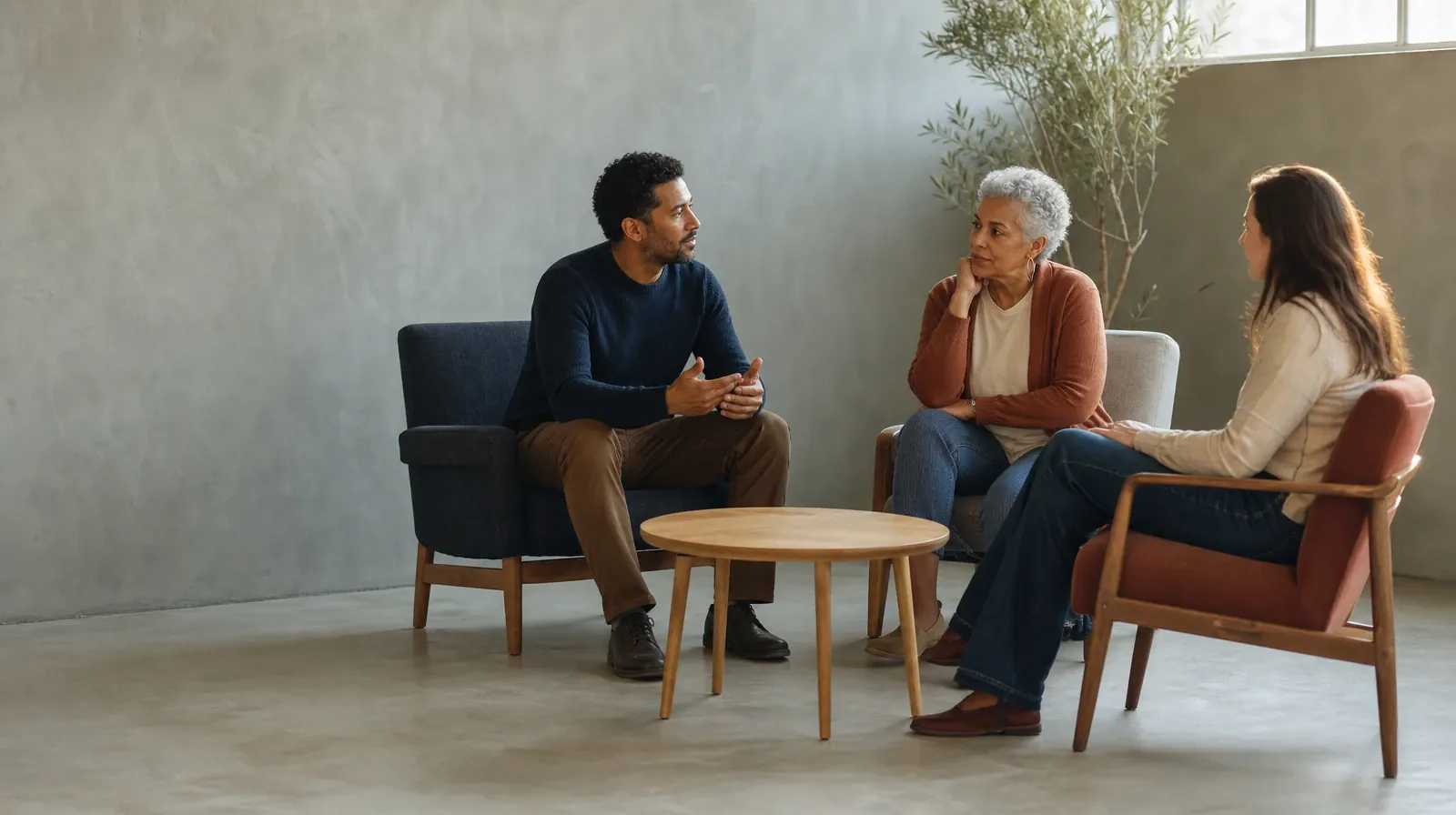Three adults talk in mismatched chairs around an empty table · Methamphetamine Addiction Treatment for Palm Beach Gardens, FL