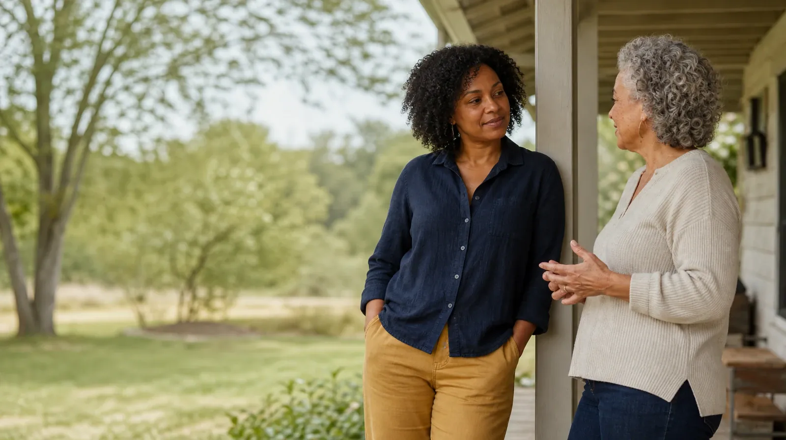 Language and Accessibility Questions for Palm Springs, FL | Two adults share a calm porch conversation Two adults share a calm porch conversation · Language and Accessibility Questions for Palm Springs, FL