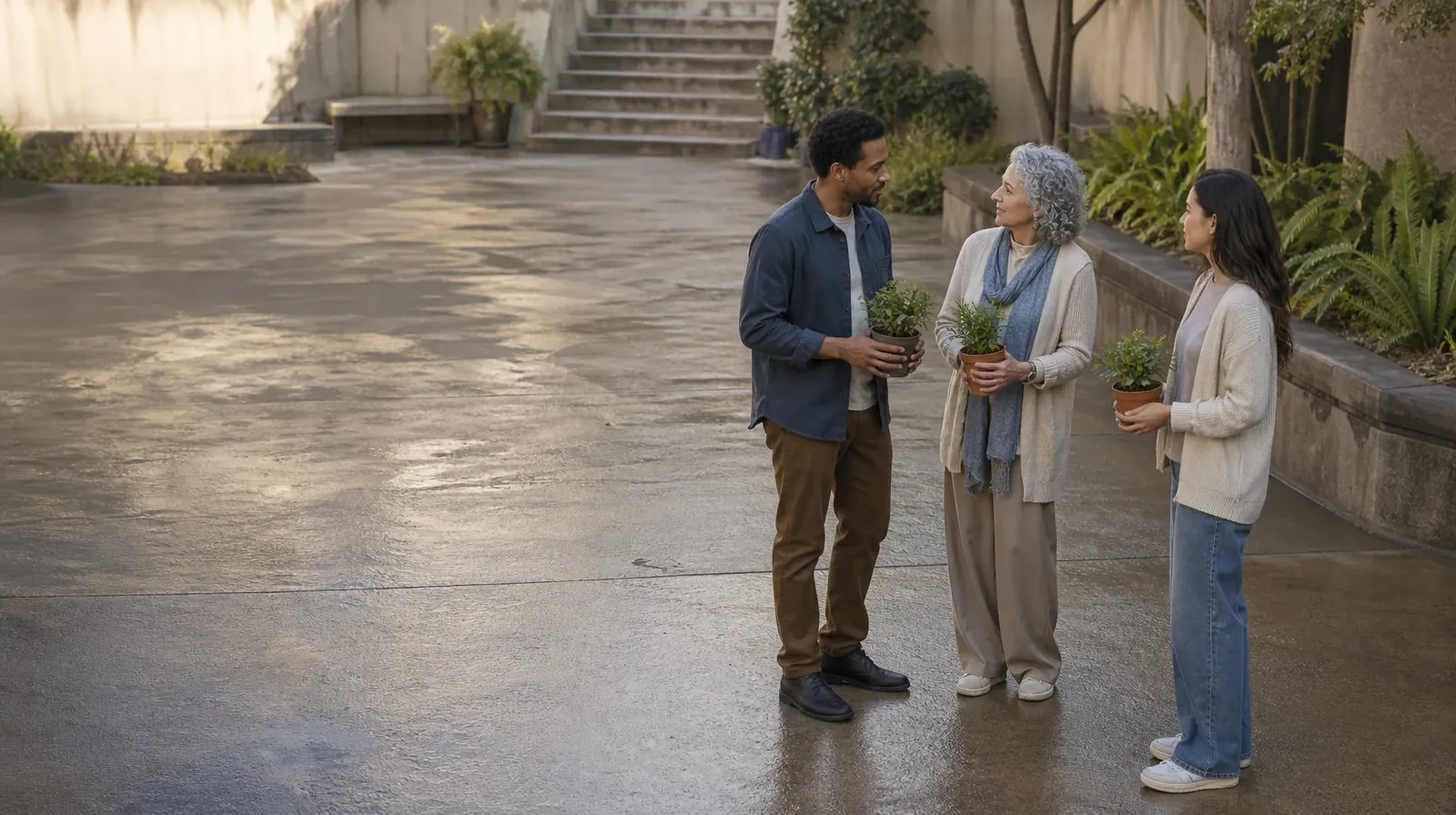 Adult Recovery Support Resources for Palm Springs, FL Residents | Two adults pause with small plants in a courtyard Two adults pause with small plants in a courtyard · Adult Recovery Support Resources for Palm Springs, FL Residents