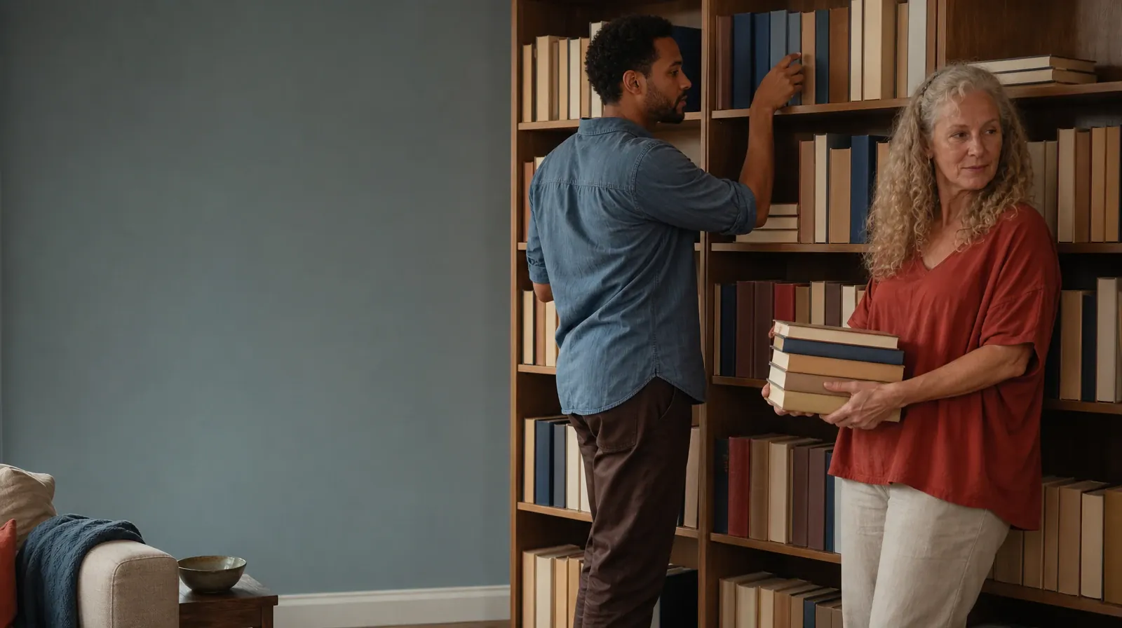 Two adults sort plain books on a home bookcase · Polysubstance use Addiction Treatment for Palm Springs, FL