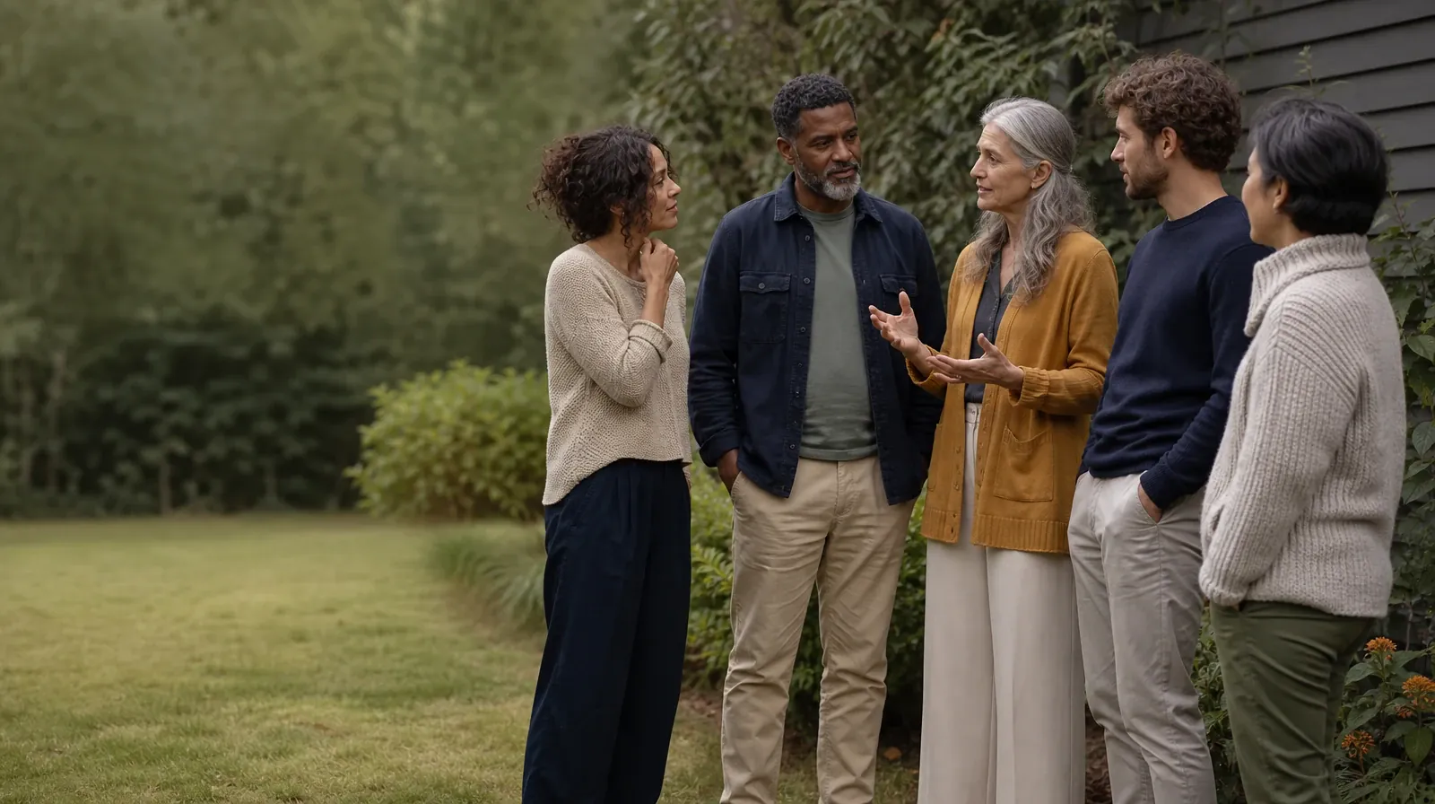 Five adults listen during an informal garden conversation · Returning Home After Treatment for Pembroke Pines, FL Residents