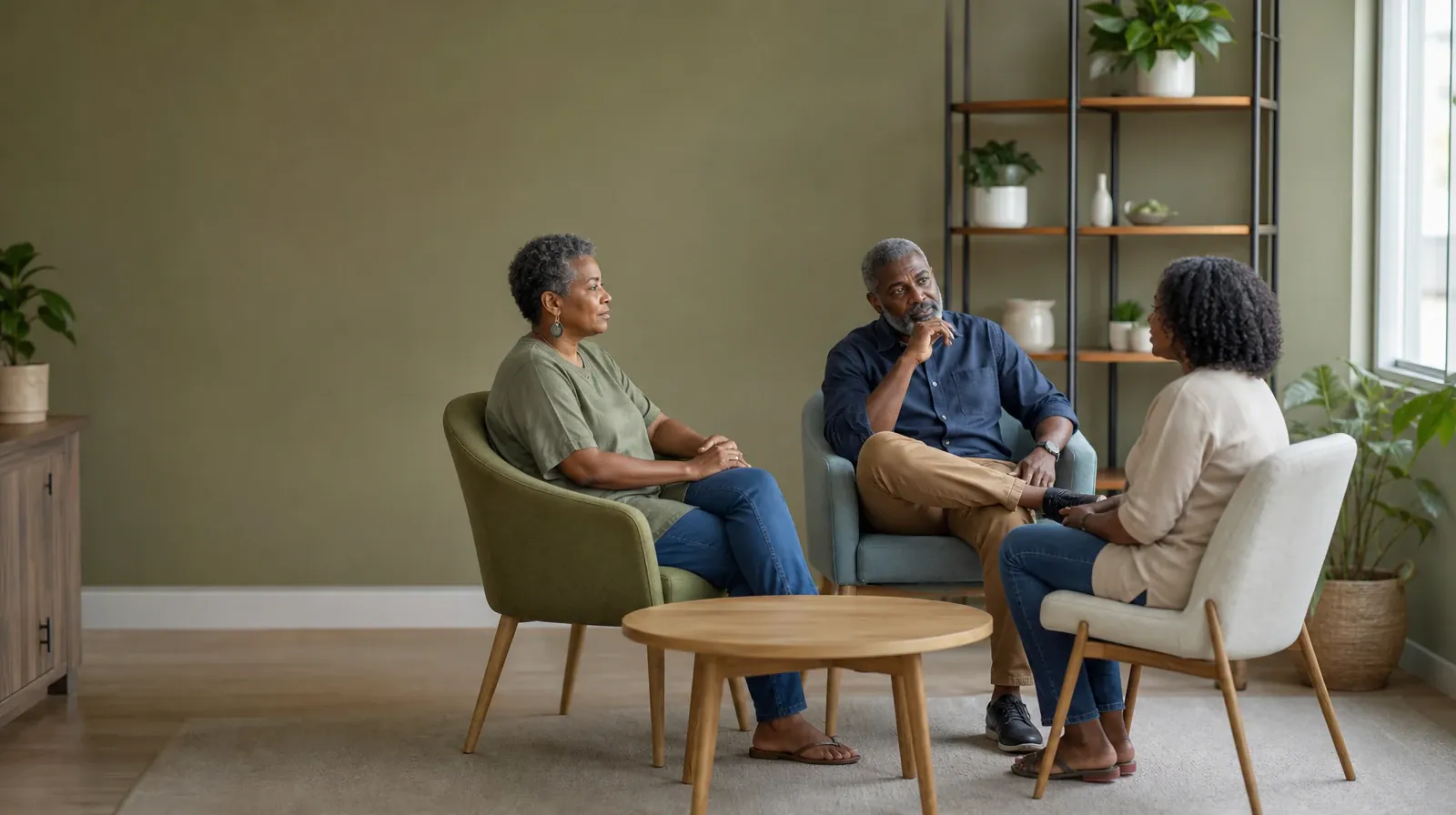 Polysubstance use Addiction Treatment for Pembroke Pines, FL | Three adults talk in mismatched chairs around an empty table Three adults talk in mismatched chairs around an empty table · Polysubstance use Addiction Treatment for Pembroke Pines, FL