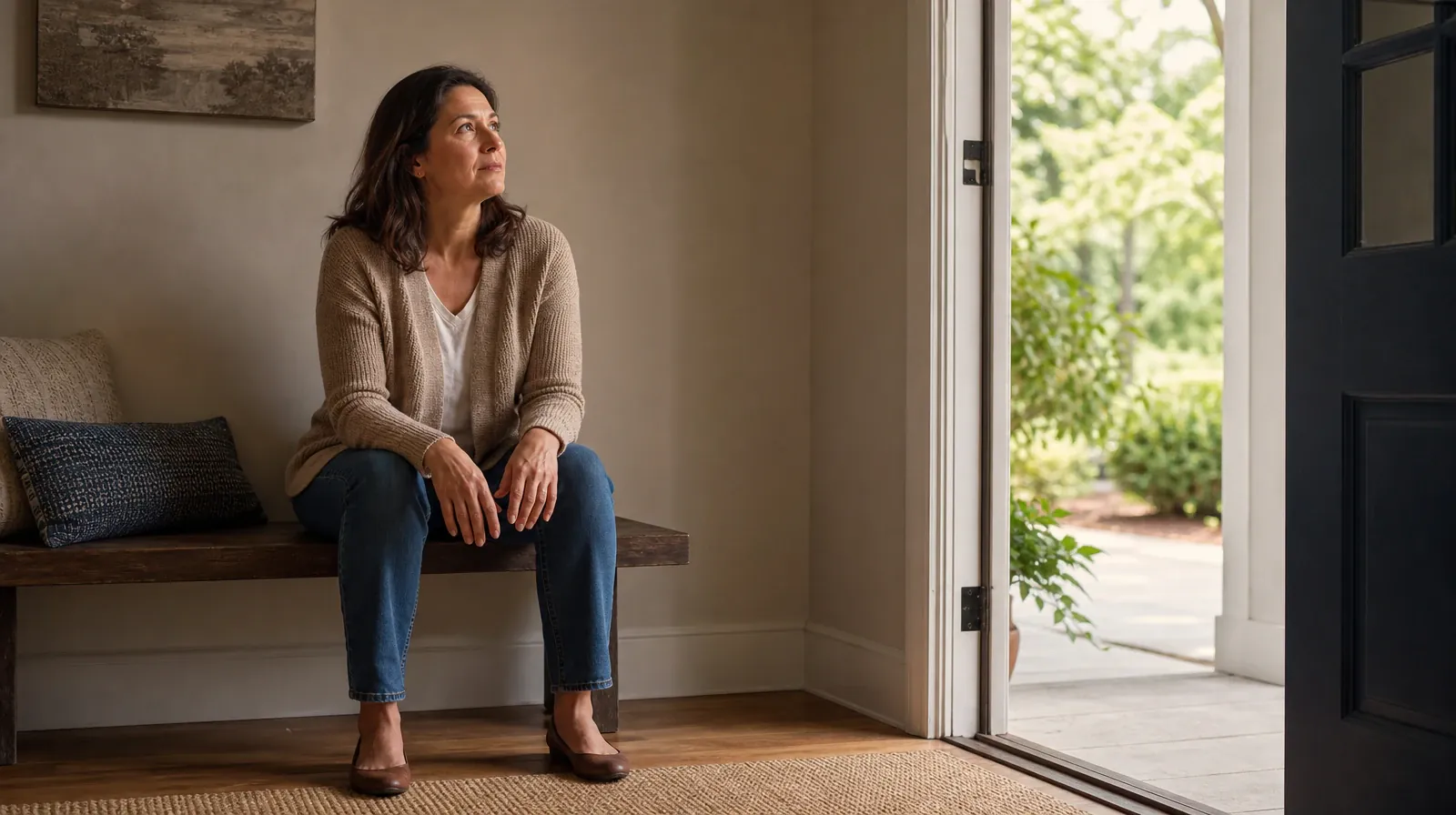 An adult sits on a low bench just inside an open home doorway · Addiction Treatment for Pembroke Pines, FL Residents