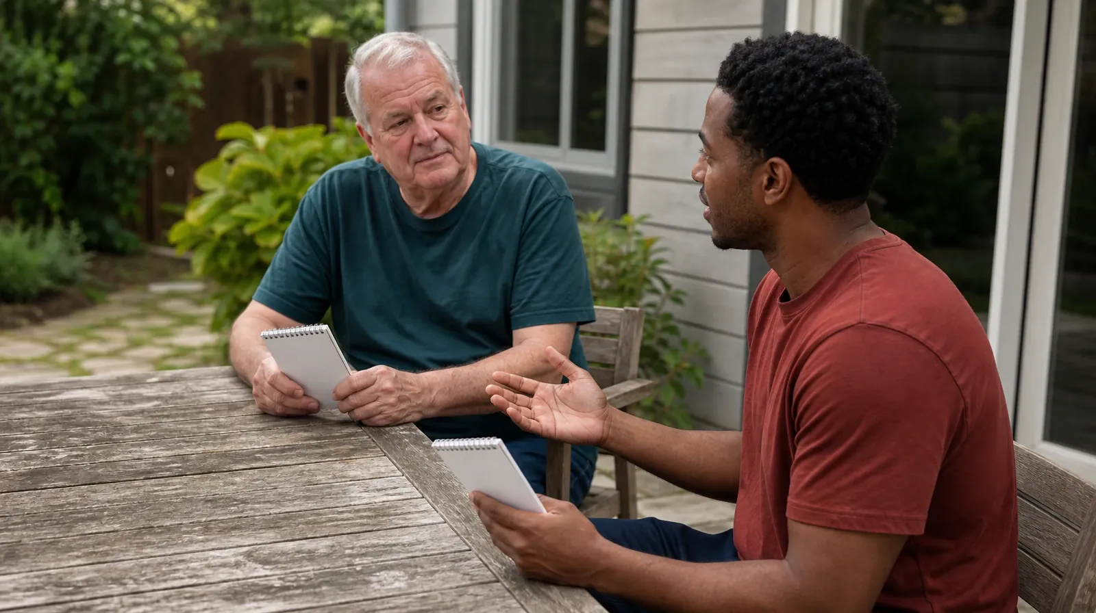 Planning a Treatment Assessment for Perrine, FL Residents | Two adults talk at an outdoor table while each holds a separate… Two adults talk at an outdoor table while each holds a separate… · Planning a Treatment Assessment for Perrine, FL Residents