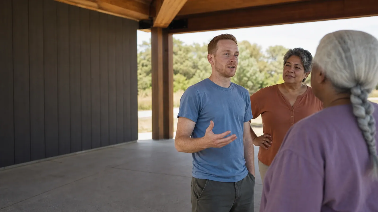 Three adults share a standing conversation in a plain… · Planning Time Away for Treatment for Perrine, FL Residents