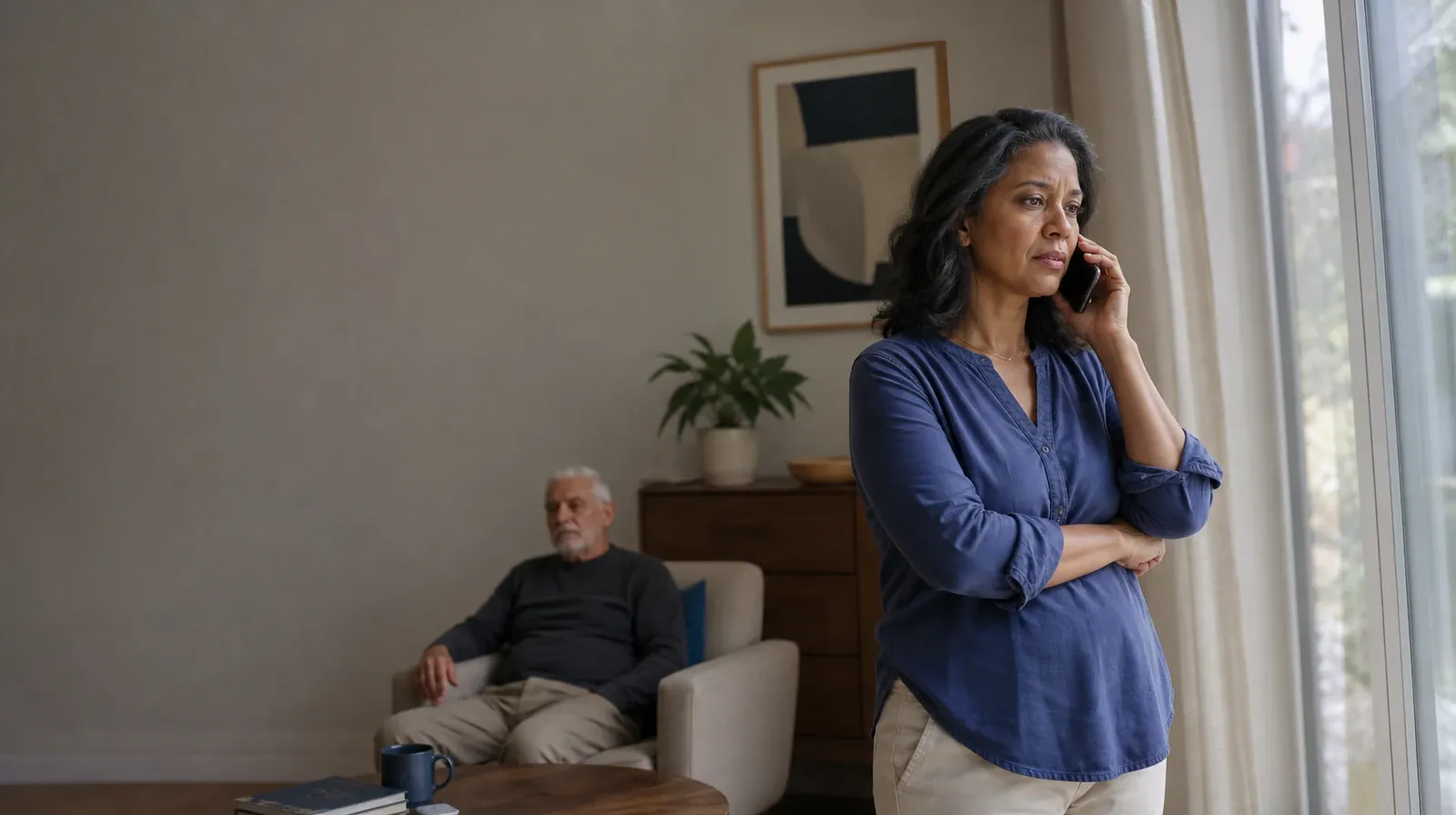 An adult makes a private phone call with support nearby · Cocaine Addiction Treatment for Pinecrest, FL Residents
