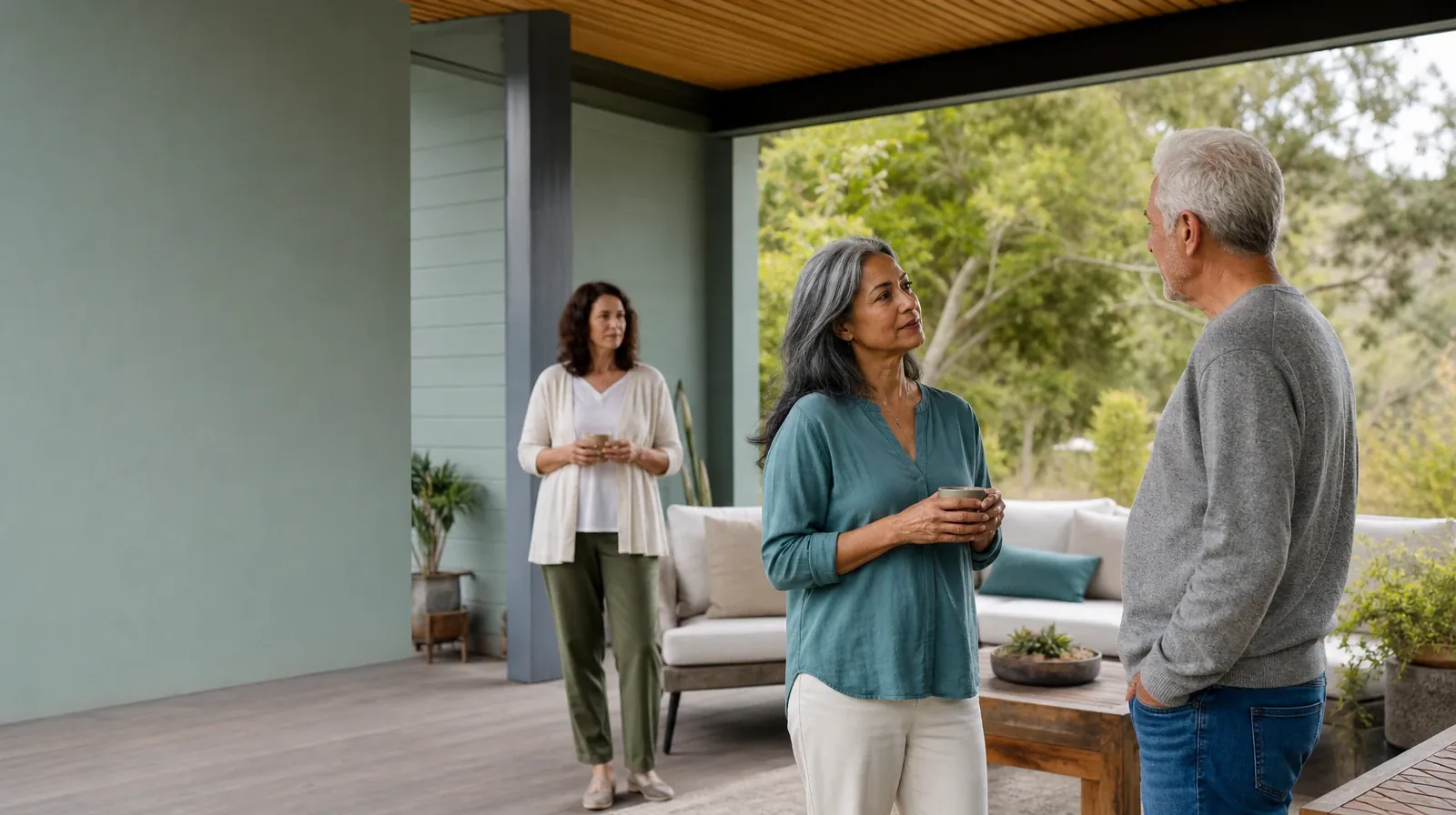 Three adults talk on a covered patio · Methamphetamine Addiction Treatment for Plantation, FL Residents