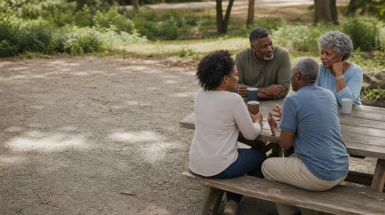 Four adults share an informal outdoor conversation · Supporting an Adult Loved One for Plantation Key, FL Residents
