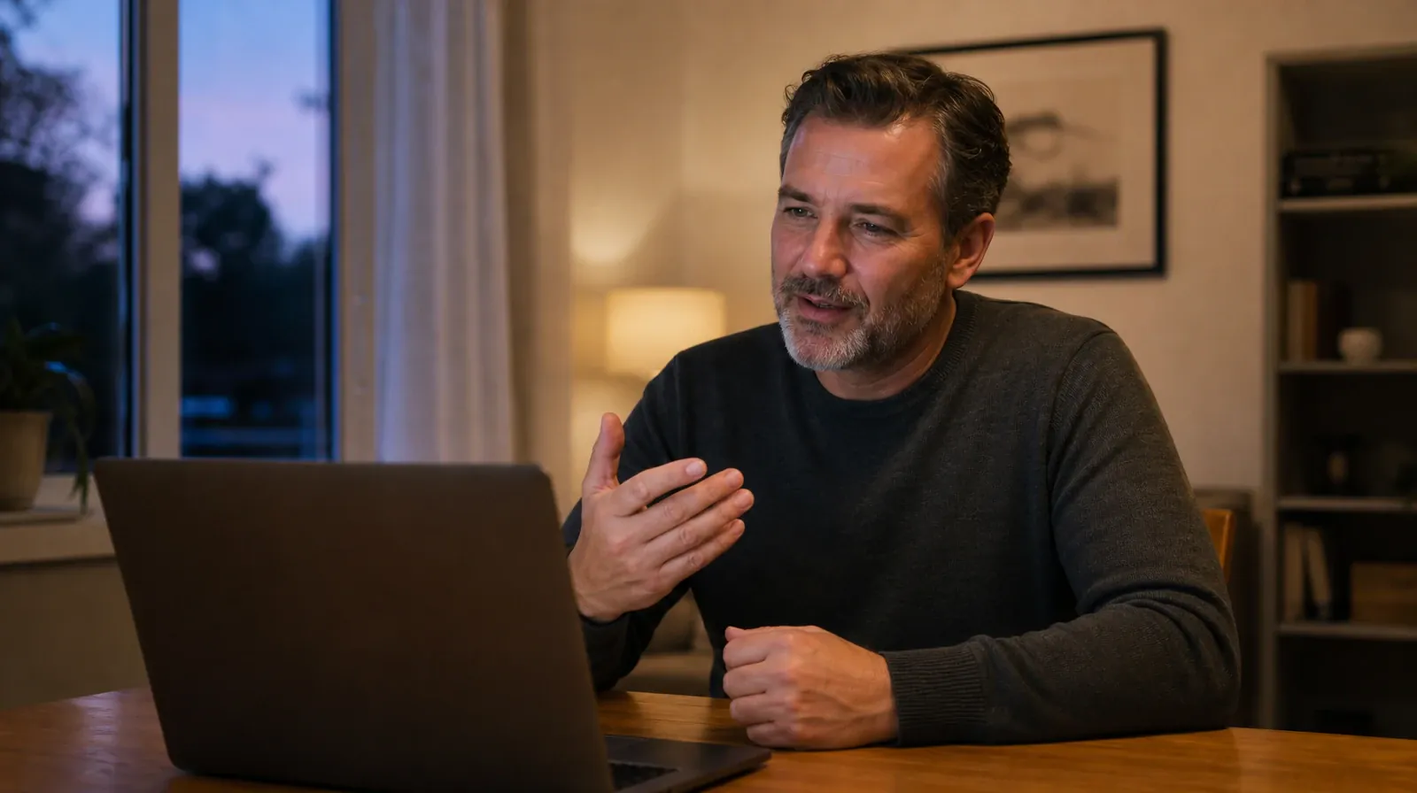 An adult speaks toward an open laptop at a plain home table, with its… · Addiction Treatment for Plantation, FL Residents