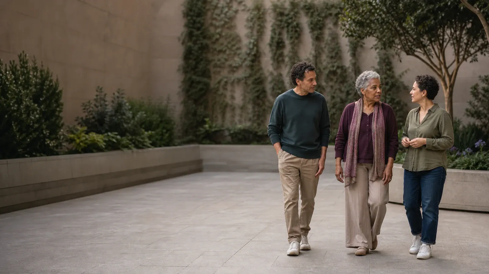 Three adults walk and talk through a courtyard · Methamphetamine Addiction Treatment for Pompano Beach, FL