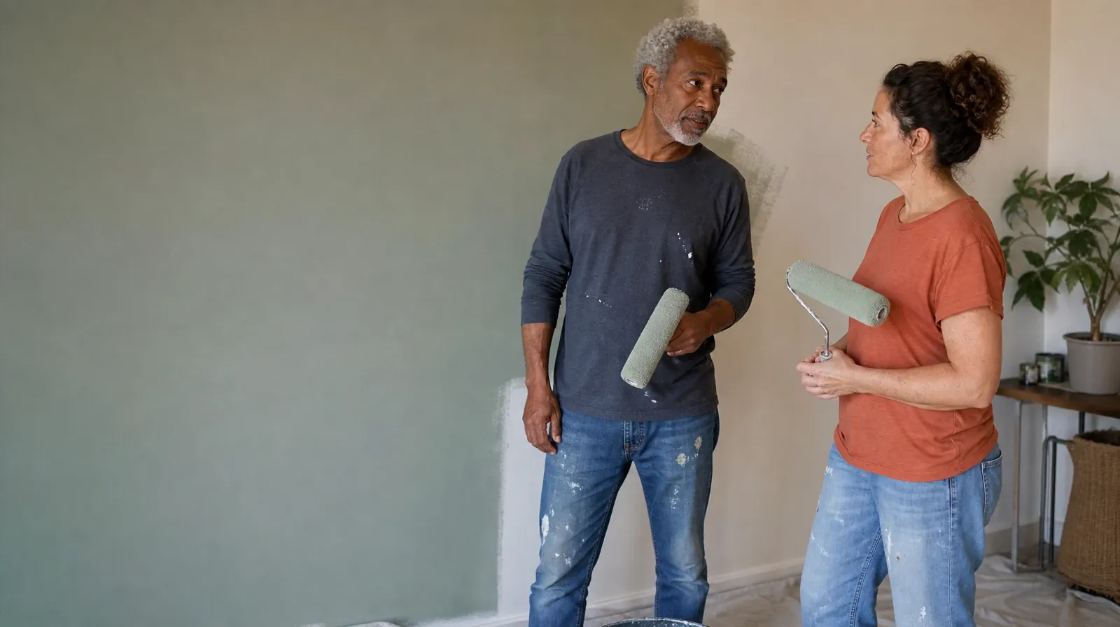 Two adults pause while painting a plain wall · Polysubstance use Addiction Treatment for Pompano Beach, FL