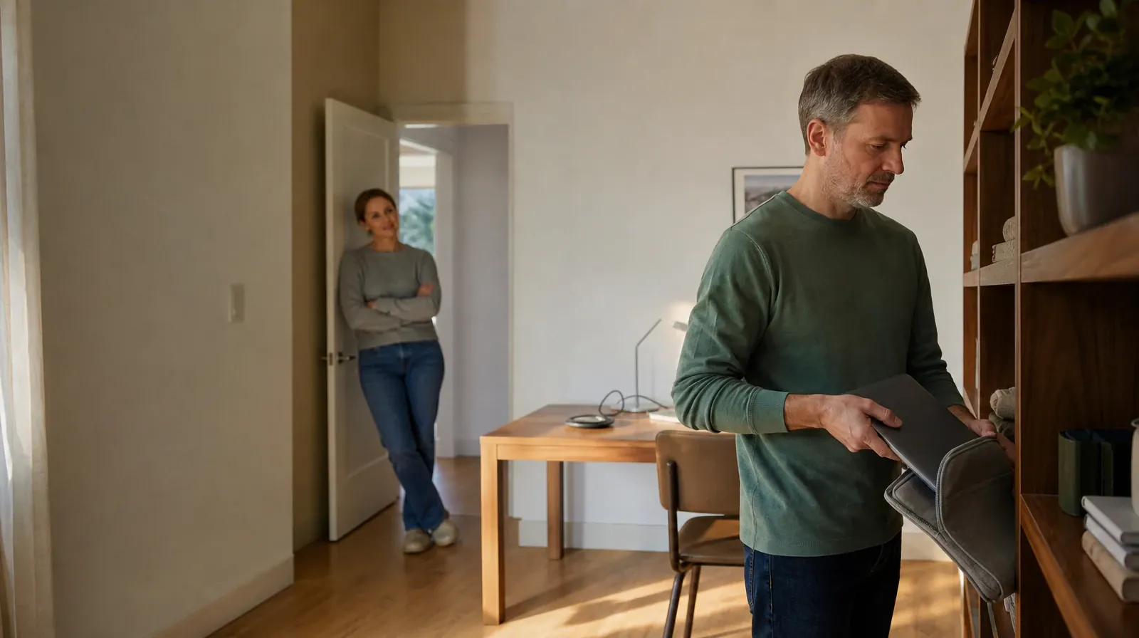 Addiction Treatment for Broward County | An adult puts a closed laptop into a sleeve while a housemate waits in a doorway An adult puts a closed laptop into a sleeve while a housemate waits in a doorway · Addiction Treatment for Broward County