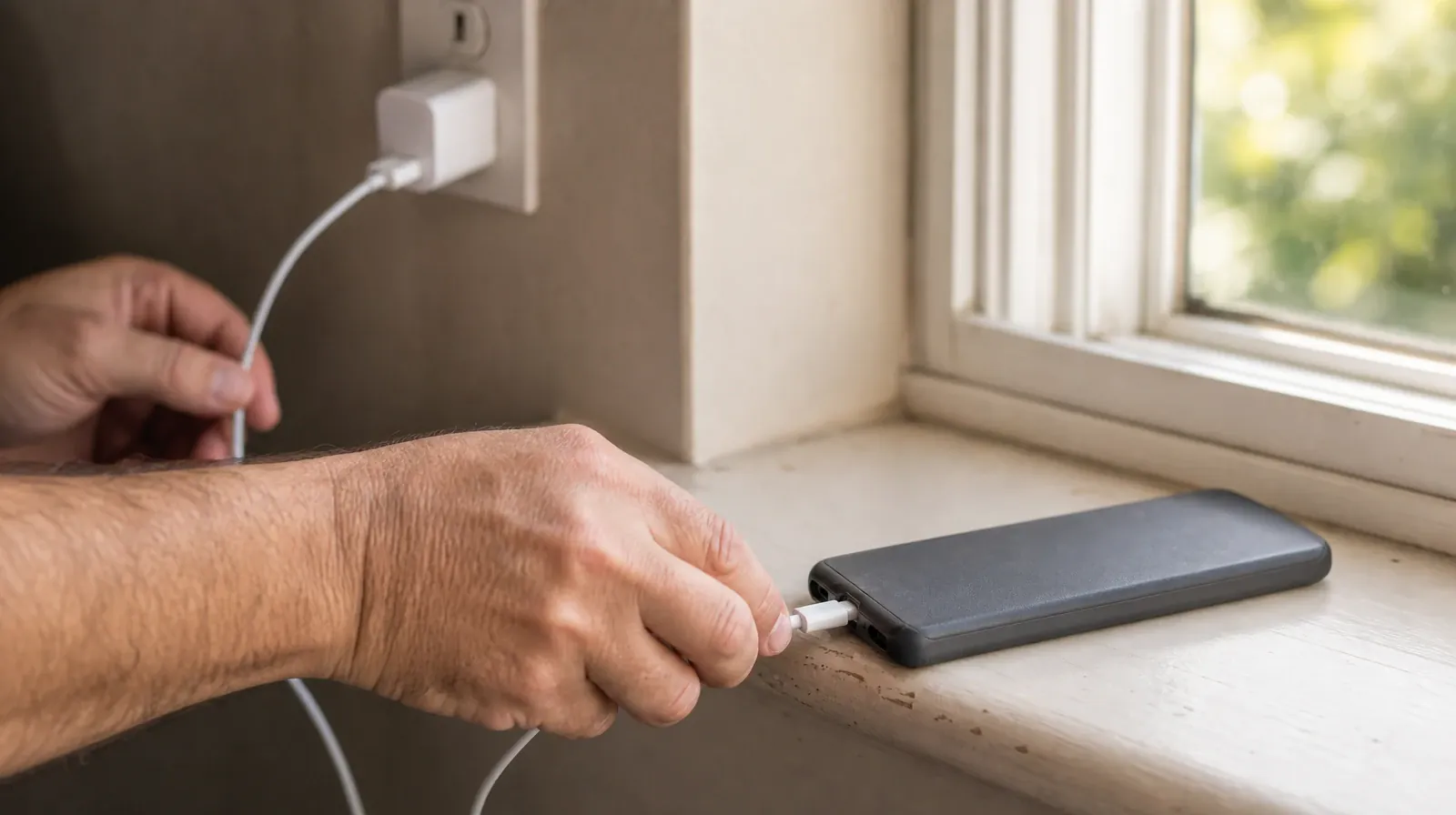 Addiction Treatment for Miami, FL neighborhoods | An adult connects a charging cable to a phone lying face down on a window… An adult connects a charging cable to a phone lying face down on a window… · Addiction Treatment for Miami, FL neighborhoods