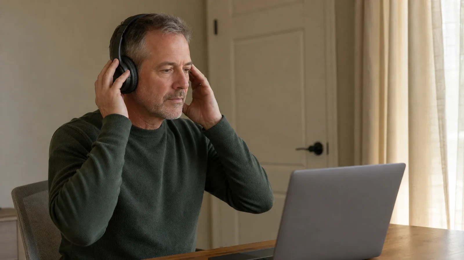 An adult adjusts over-ear headphones beside a home desk and an open laptop… · Addiction Treatment for Palm Beach County