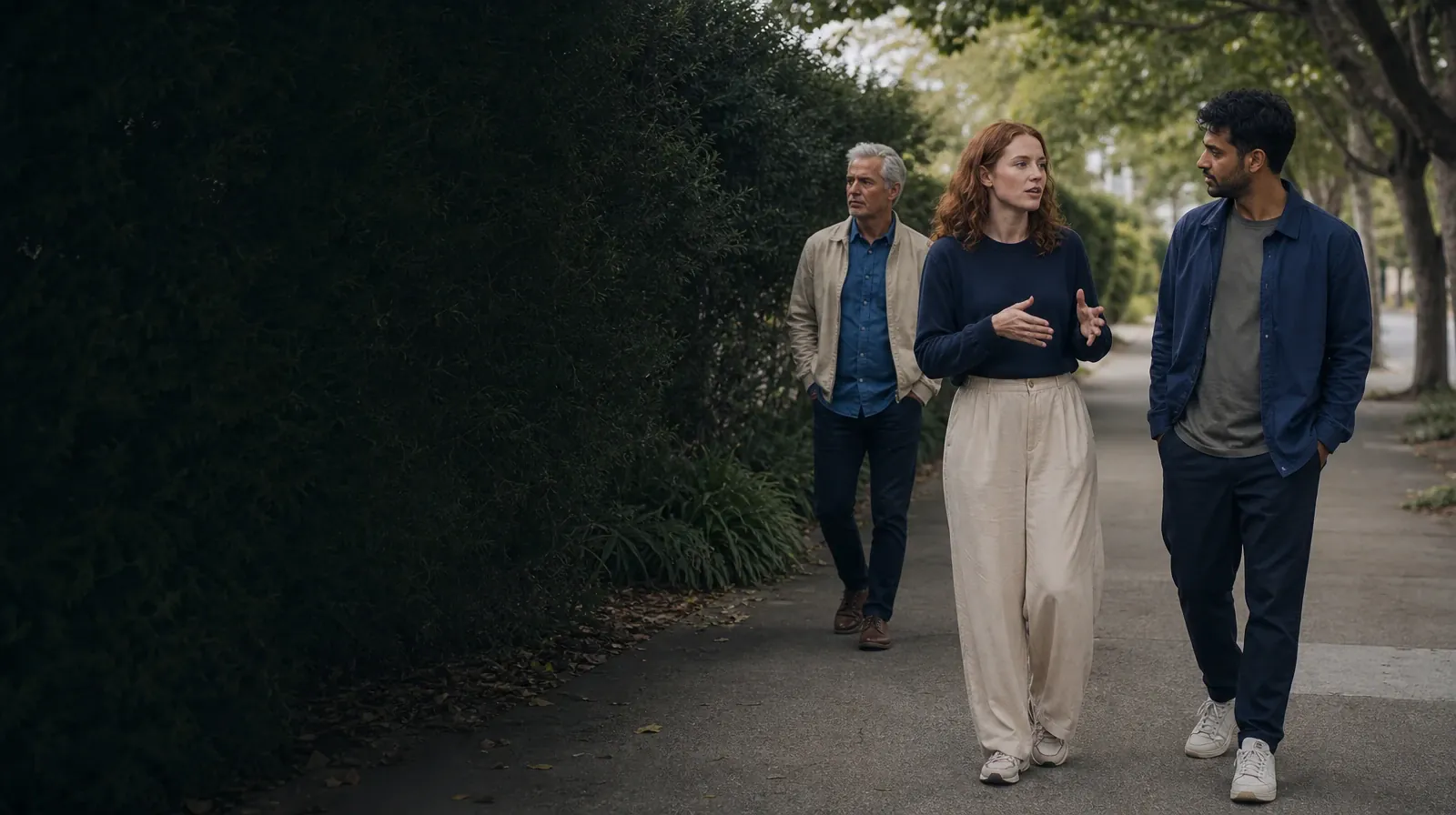 Three adults walk and talk on an unmarked neighborhood path · Supporting an Adult Loved One for Richmond West, FL Residents