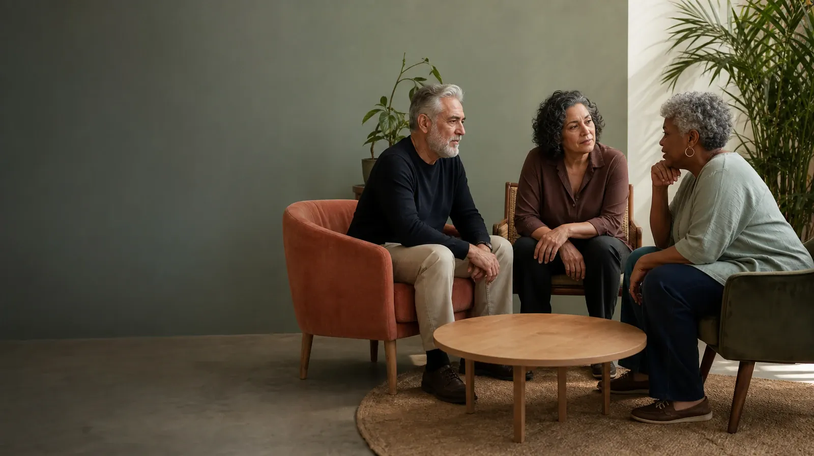 Cocaine Addiction Treatment for Richmond West, FL Residents | Three adults talk in mismatched chairs around an empty table Three adults talk in mismatched chairs around an empty table · Cocaine Addiction Treatment for Richmond West, FL Residents