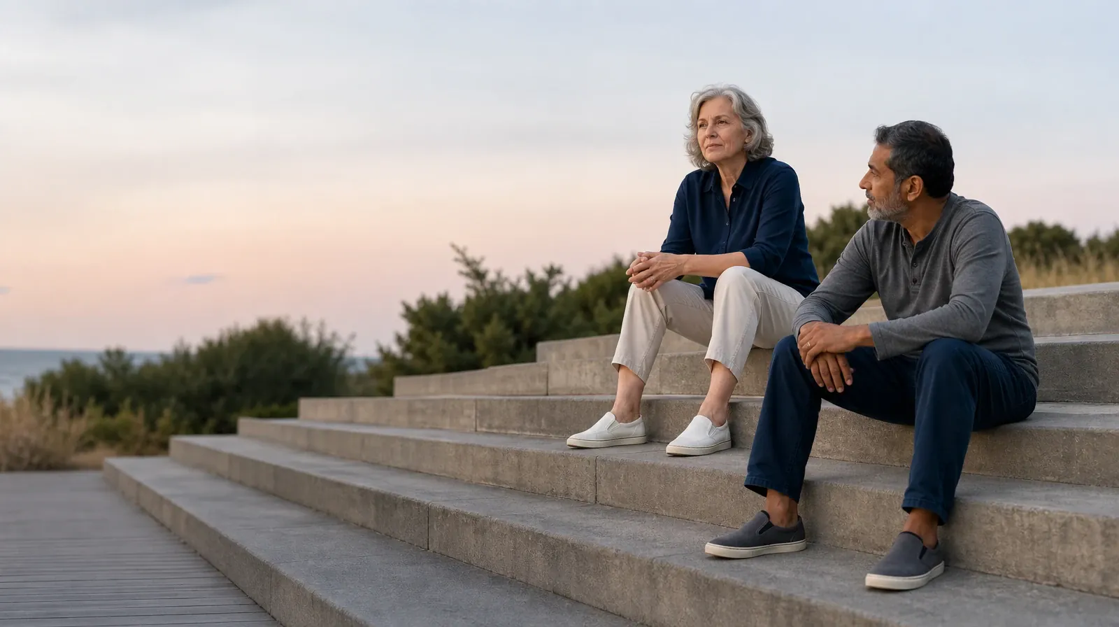 Two adults talk while seated on broad outdoor steps · Planning Time Away for Treatment for Riviera Beach, FL Residents