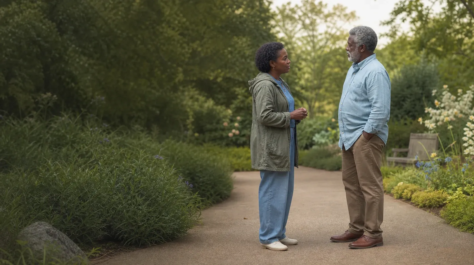 Two adults pause to talk on a broad garden path · Treatment Cost Questions for Riviera Beach, FL Residents