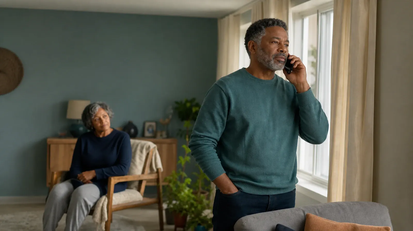 An adult makes a private phone call with support nearby · Alcohol Addiction Treatment for Riviera Beach, FL Residents