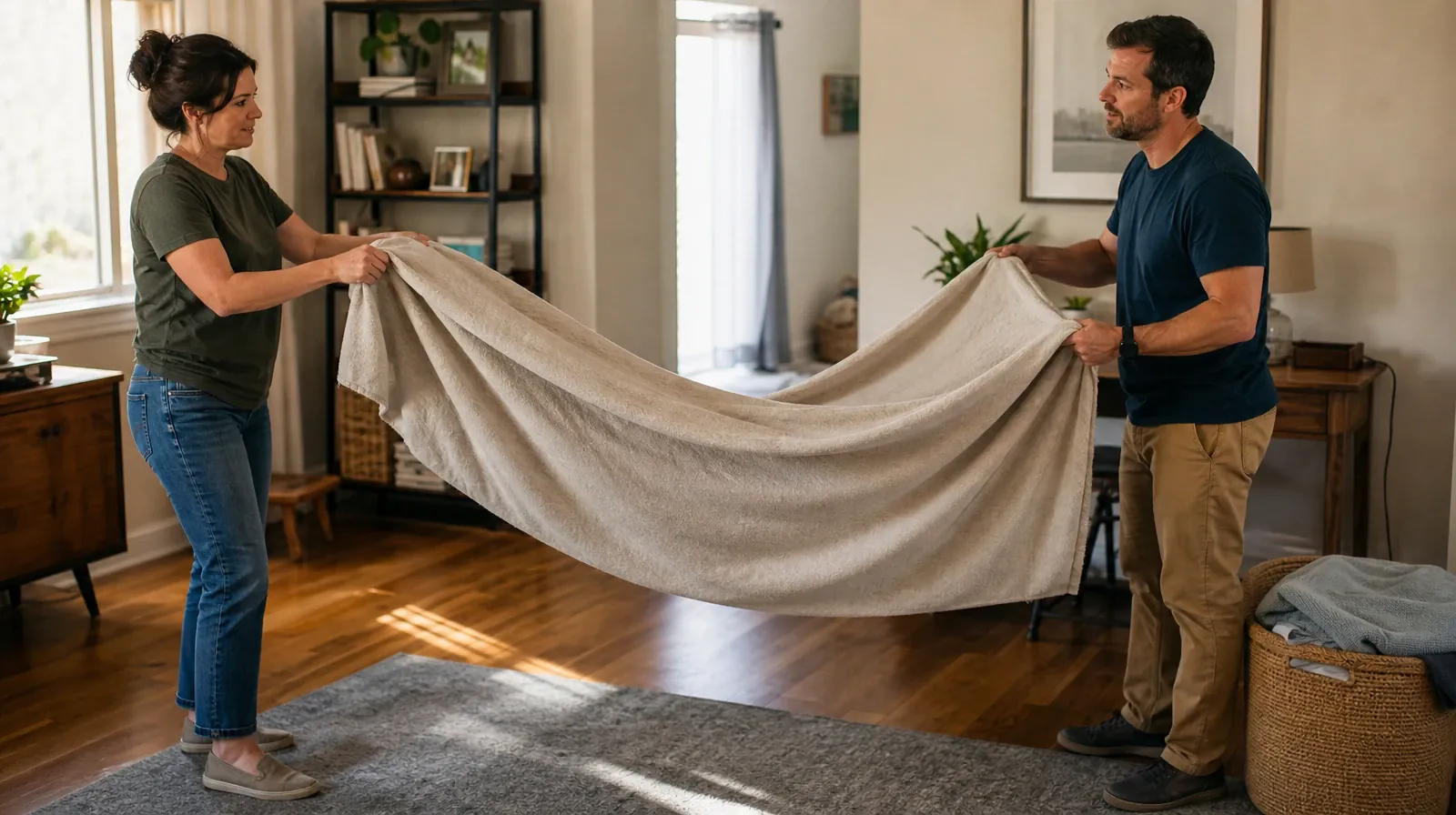 Addiction Treatment for Riviera Beach, FL Residents | Two adults stand apart and fold a large cotton blanket together in a… Two adults stand apart and fold a large cotton blanket together in a… · Addiction Treatment for Riviera Beach, FL Residents