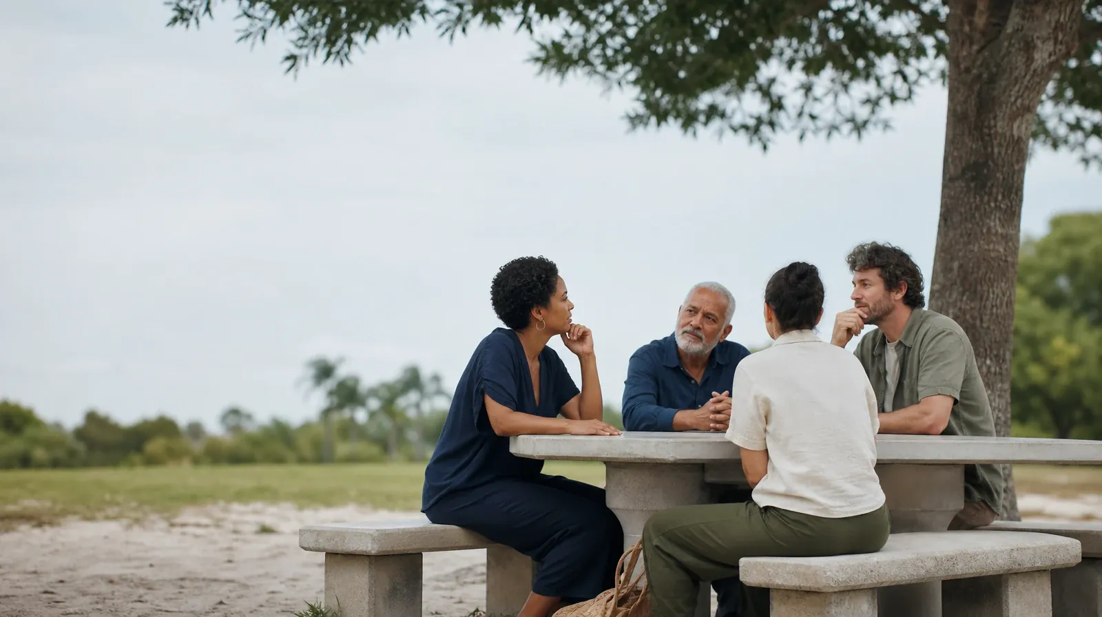 Four adults share an informal outdoor conversation · Drug and Alcohol Detox for Royal Palm Beach, FL Residents