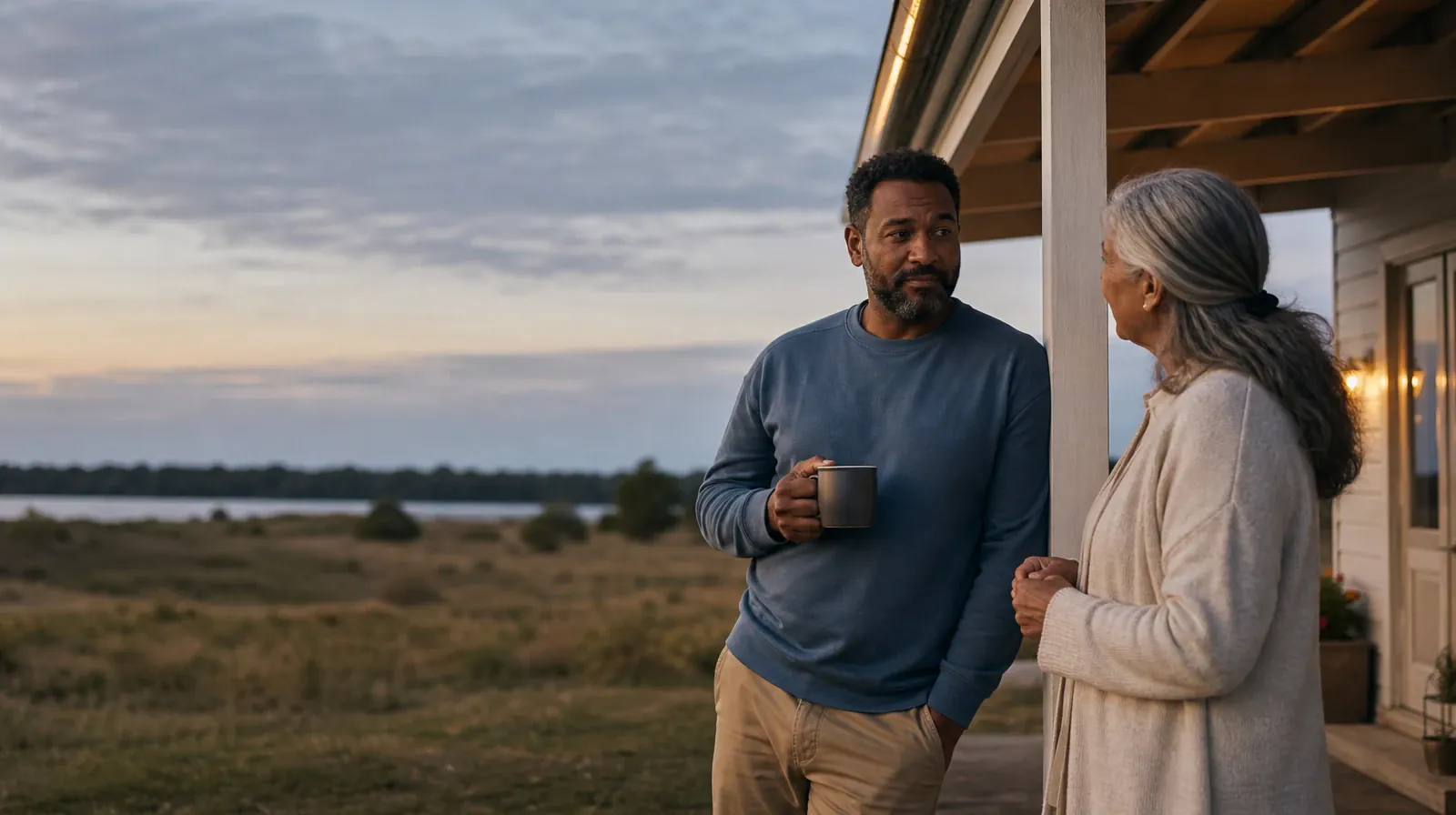 Two adults share a calm porch conversation · Supporting an Adult Loved One for Royal Palm Beach, FL Residents