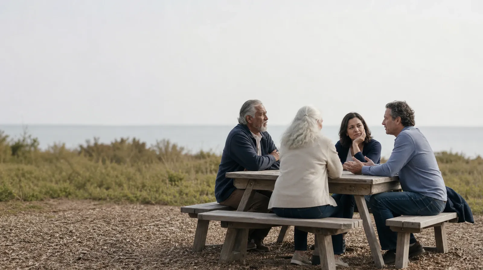 Four adults share an informal outdoor conversation · Planning Time Away for Treatment for Saddlebunch Keys, FL