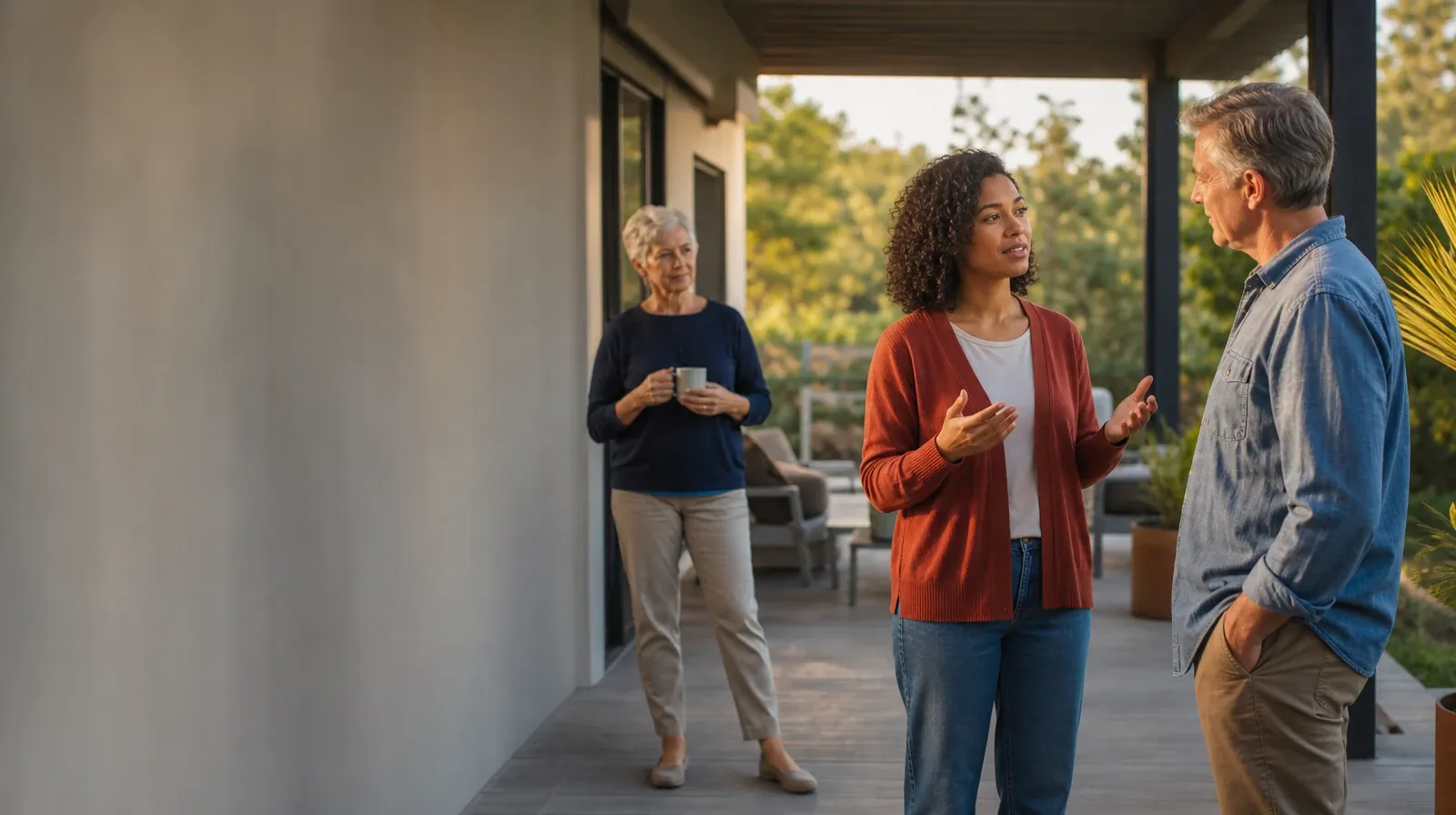Three adults talk on a covered patio · Alcohol Addiction Treatment for Saddlebunch Keys, FL Residents