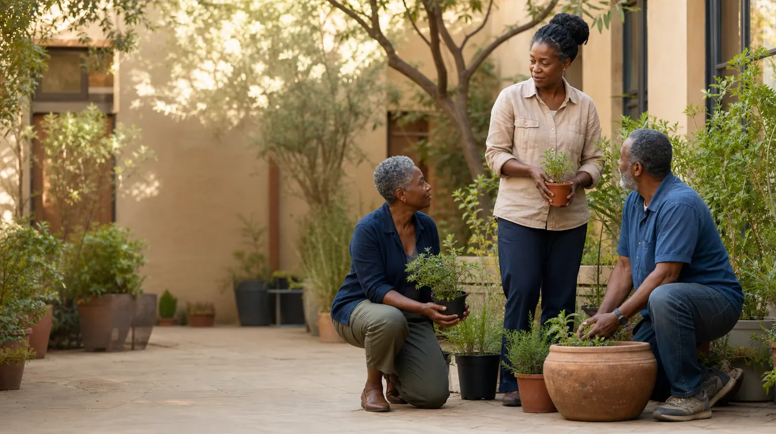 Drug and Alcohol Detox for Shark Key, FL Residents | Three adults pause while tending plants in a courtyard Three adults pause while tending plants in a courtyard · Drug and Alcohol Detox for Shark Key, FL Residents