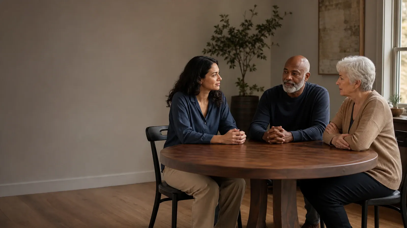 Two adults have a calm conversation at a round table · Alcohol Addiction Treatment for Shark Key, FL Residents