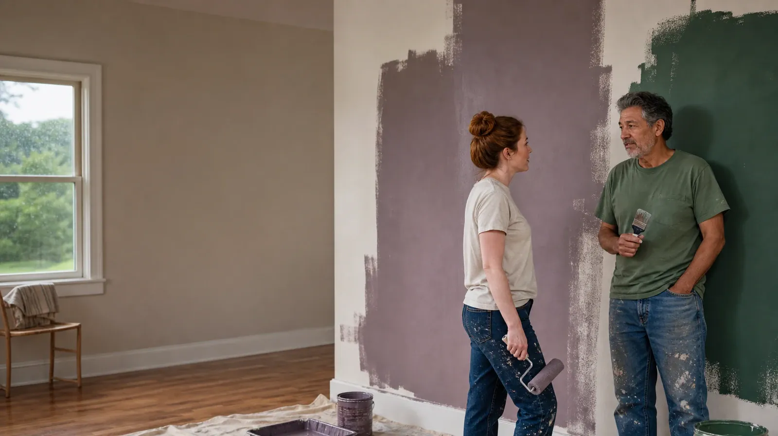 Two adults pause while painting a plain wall · Methamphetamine Addiction Treatment for Shark Key, FL Residents