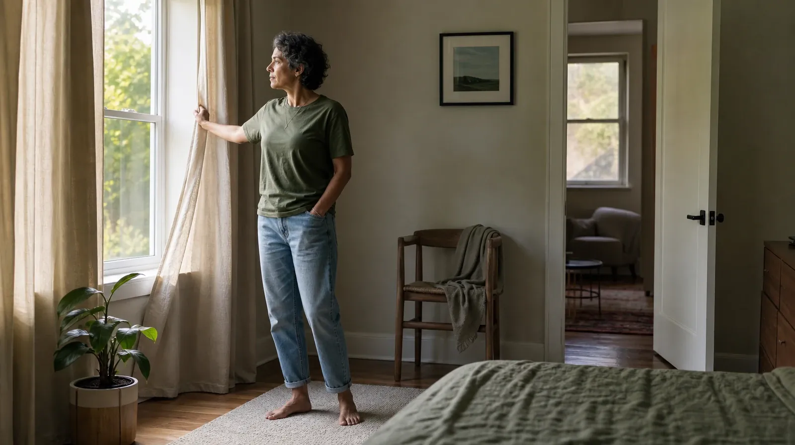 An adult opens a plain curtain in morning light · Residential Addiction Treatment for South Miami, FL