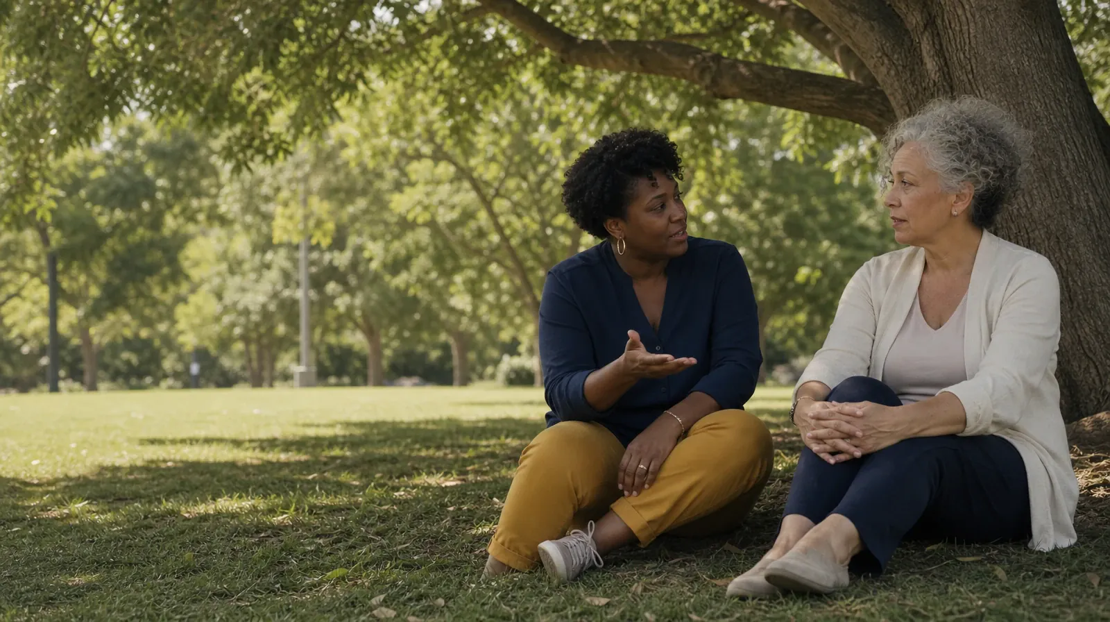 Planning Time Away for Treatment for South Miami, FL Residents | Two adults talk beneath a tree at a public green Two adults talk beneath a tree at a public green · Planning Time Away for Treatment for South Miami, FL Residents