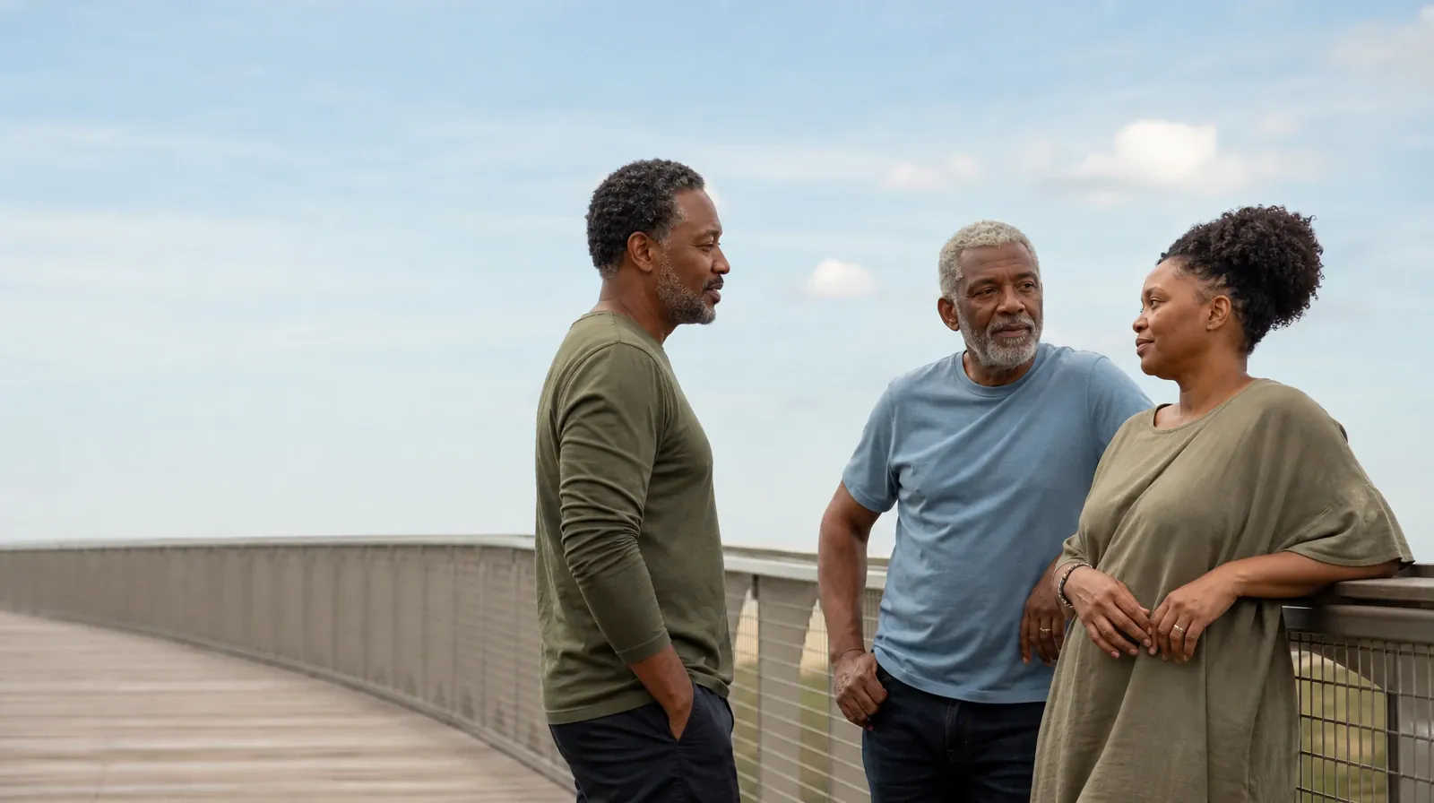 Three adults pause near an anonymous pedestrian bridge · Returning Home After Treatment for South Miami, FL Residents