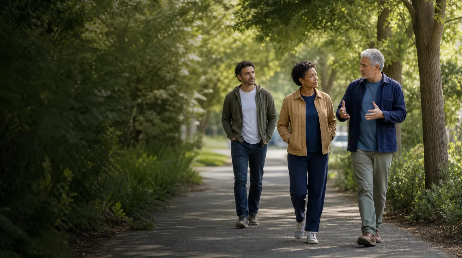 Language and Accessibility Questions for South Palm Beach, FL | Three adults walk and talk on an unmarked neighborhood path Three adults walk and talk on an unmarked neighborhood path · Language and Accessibility Questions for South Palm Beach, FL